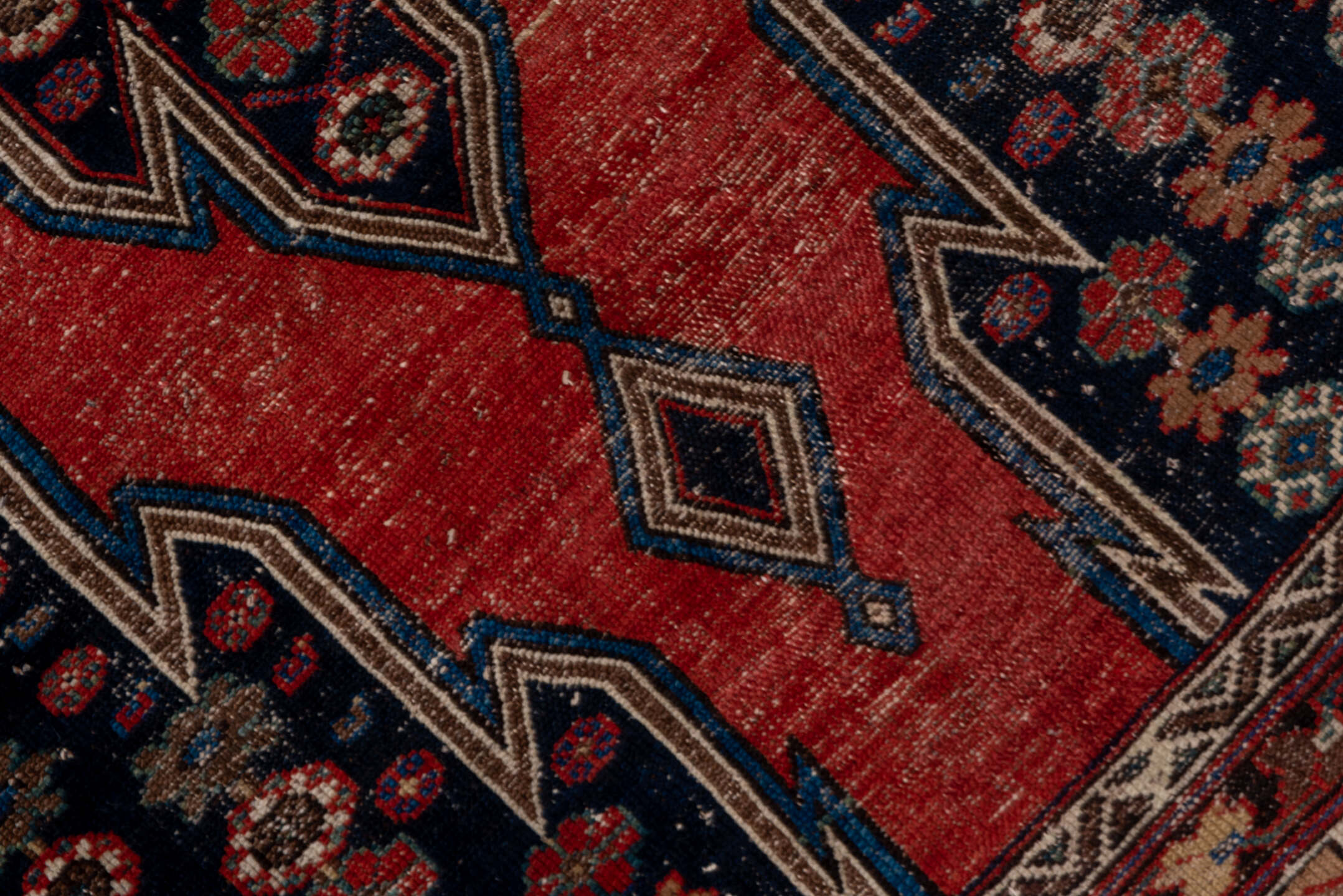 4' x 6' one-of-a-kind handmade vintage Malayer small size rug. Color palette: blue, brown, gray, pink, red