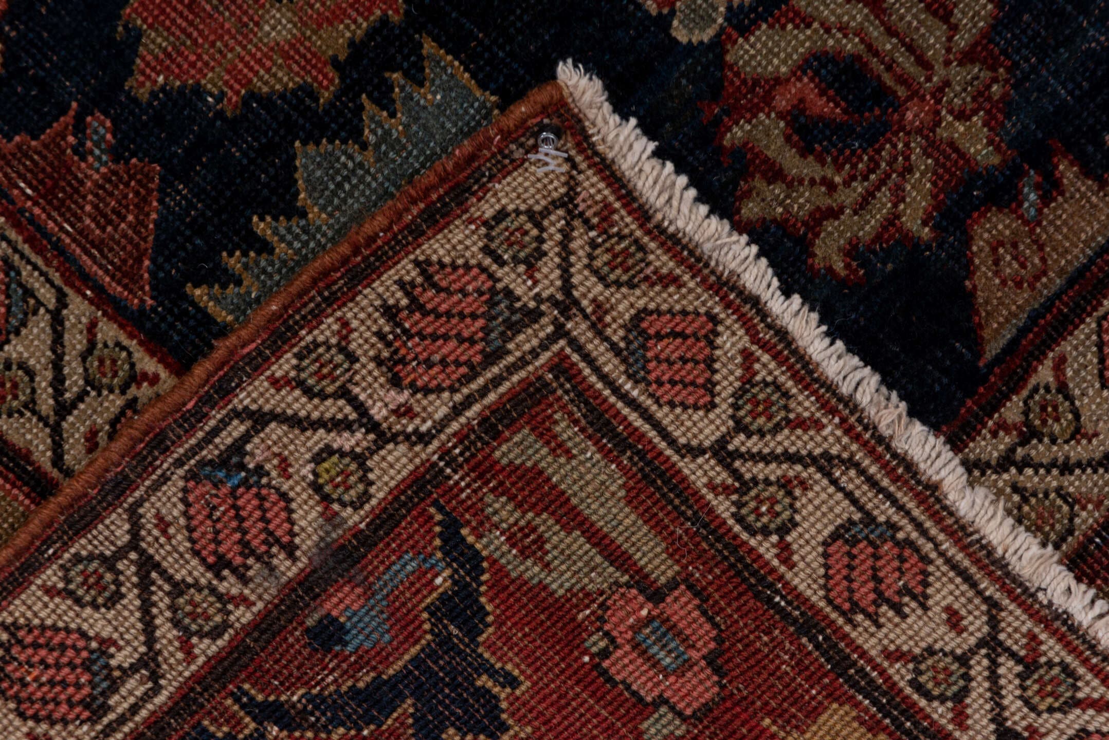 7' x 12' one-of-a-kind handmade antique Bidjar large size rug. Color palette: rust, navy, ivory, rose, slate, camel
