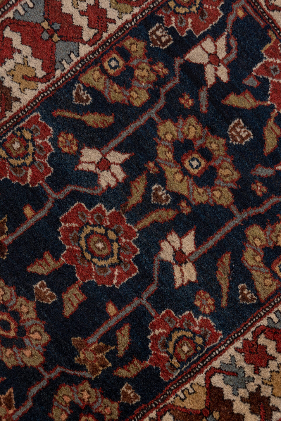 3' x 12' one-of-a-kind handmade antique Malayer runner rug. Color palette: navy, ivory, rust, camel, burgundy, taupe, brown