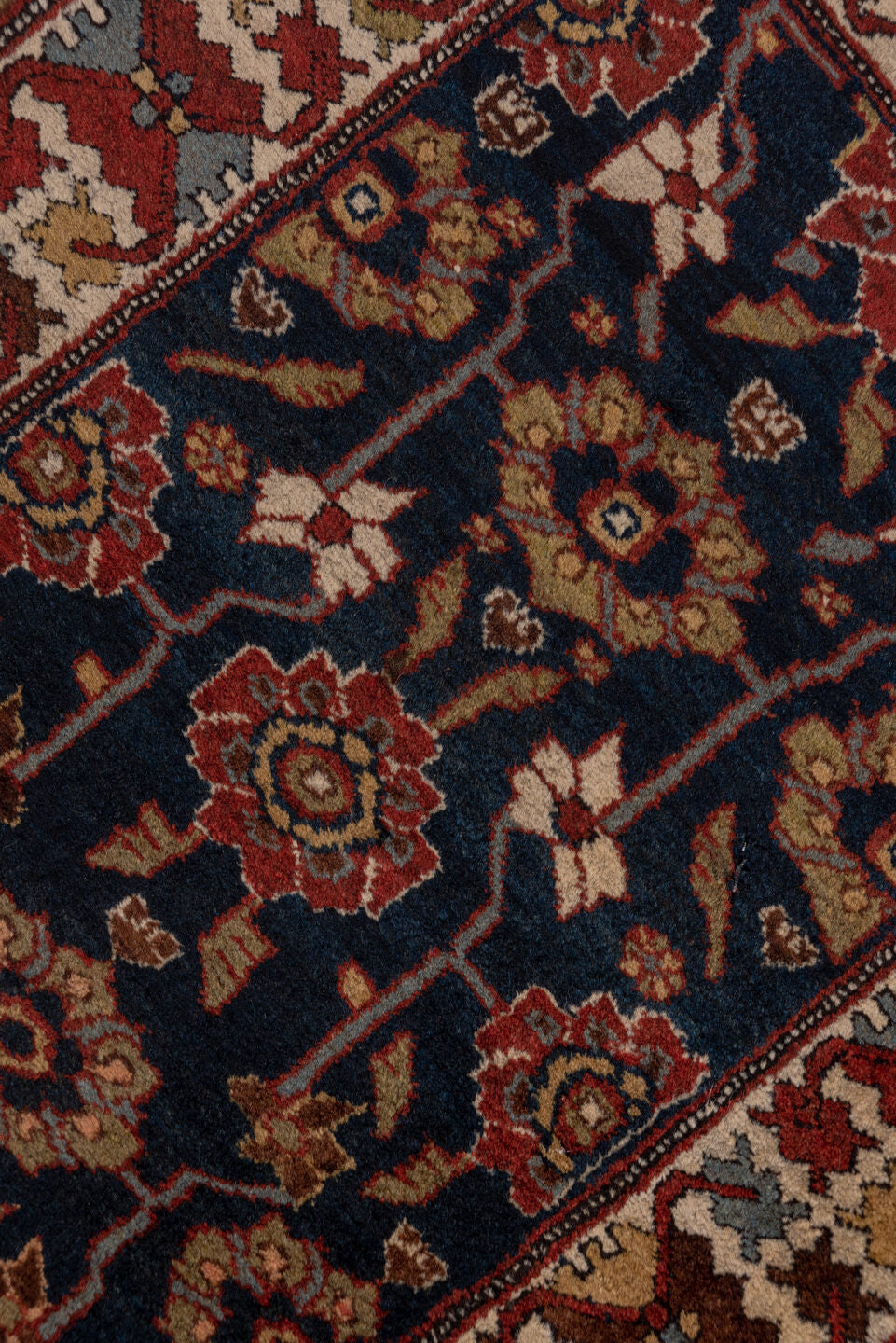 3' x 12' one-of-a-kind handmade antique Malayer runner rug. Color palette: navy, ivory, rust, camel, burgundy, taupe, brown