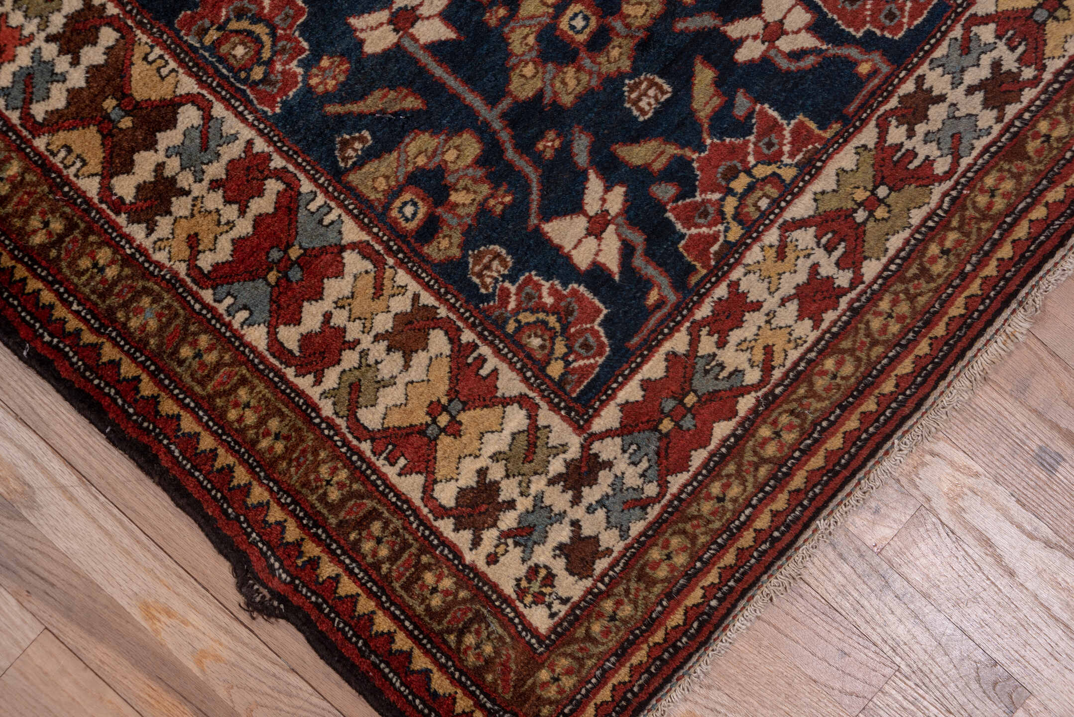 3' x 12' one-of-a-kind handmade antique Malayer runner rug. Color palette: navy, ivory, rust, camel, burgundy, taupe, brown