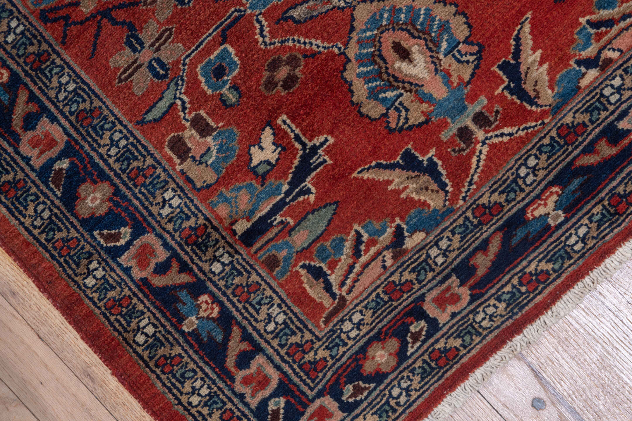 2' x 19' one-of-a-kind handmade antique Lilian runner rug. Color palette: rust, navy, ivory, camel, slate, terracotta, brown