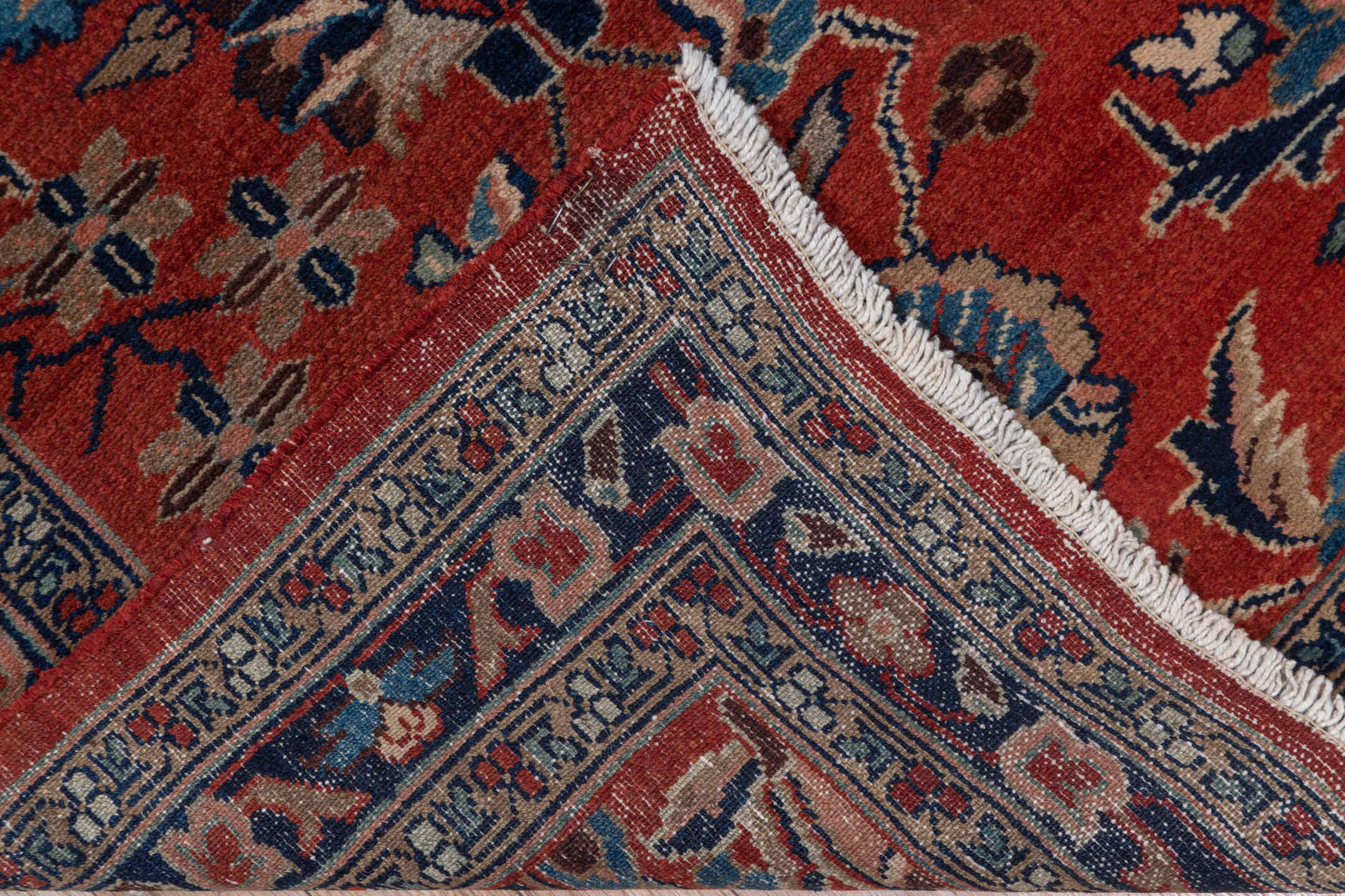 2' x 19' one-of-a-kind handmade antique Lilian runner rug. Color palette: rust, navy, ivory, camel, slate, terracotta, brown