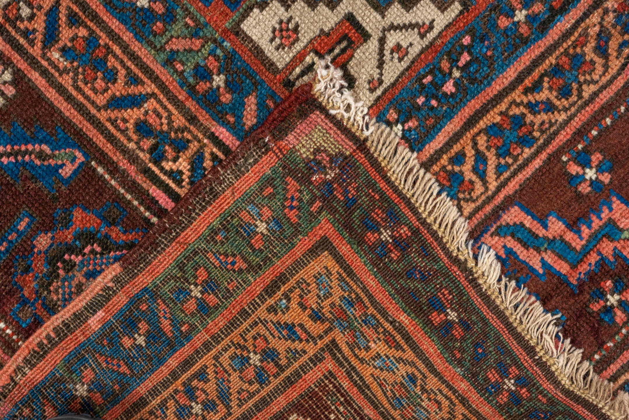 6' x 6' one-of-a-kind handmade vintage Bakhshayesh rug. Color palette: arapawa, black, blue, brown, gray, pink, red