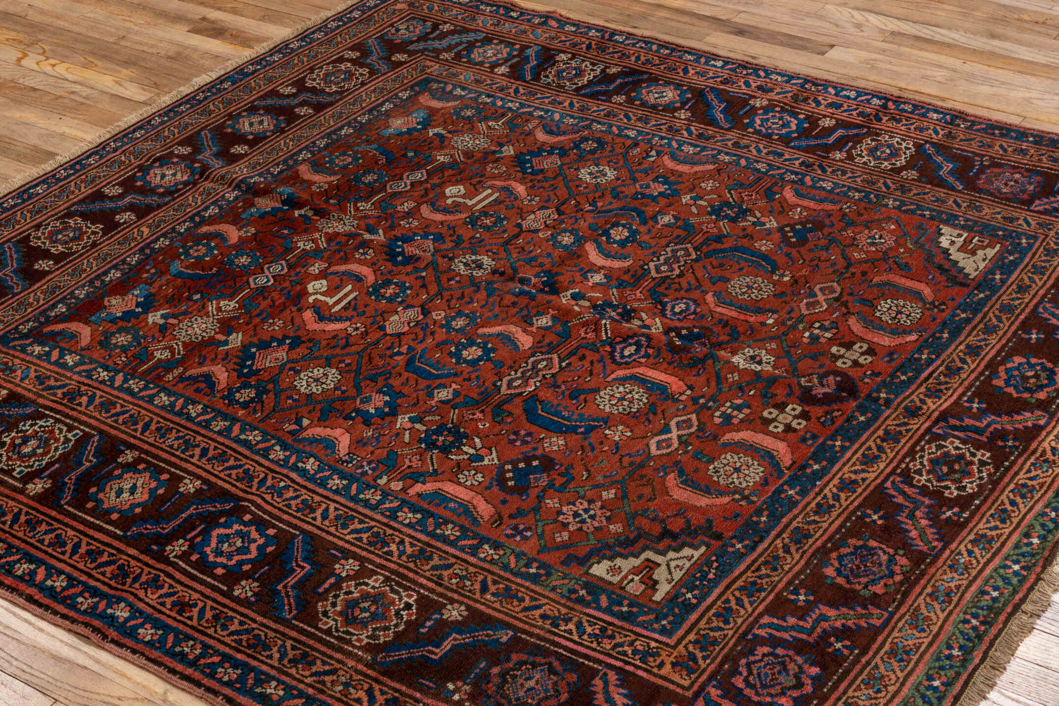 6' x 6' one-of-a-kind handmade vintage Bakhshayesh rug. Color palette: arapawa, black, blue, brown, gray, pink, red