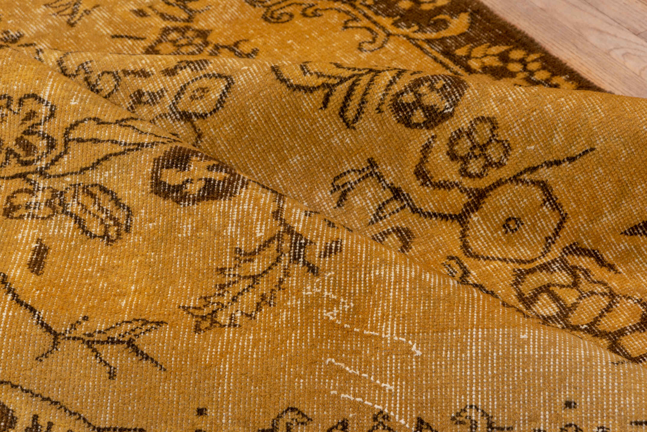 6' x 9' one-of-a-kind handmade vintage Overdyed medium size rug. Color palette: camel, brown, espresso, taupe, ivory, beige