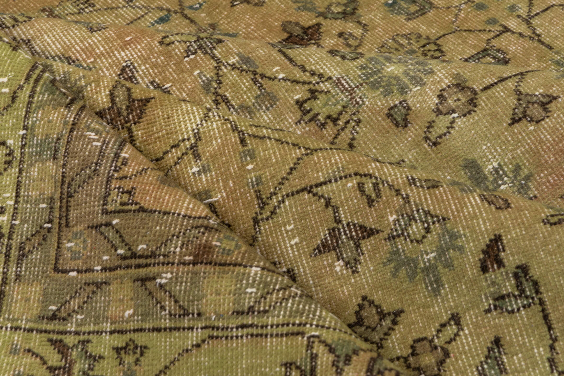 6' x 10' one-of-a-kind handmade vintage Overdyed large size rug. Color palette: olive, taupe, brown, sage, charcoal, green