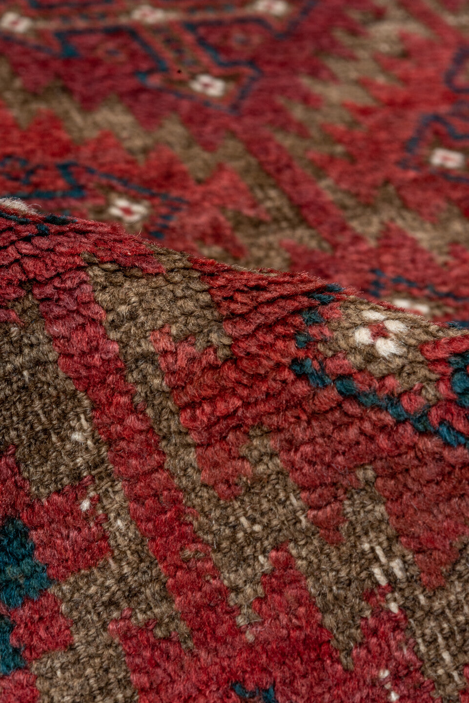 3' x 5' one-of-a-kind handmade vintage Belouch small size rug. Color palette: blue, brown, gray, light gray, pink, red