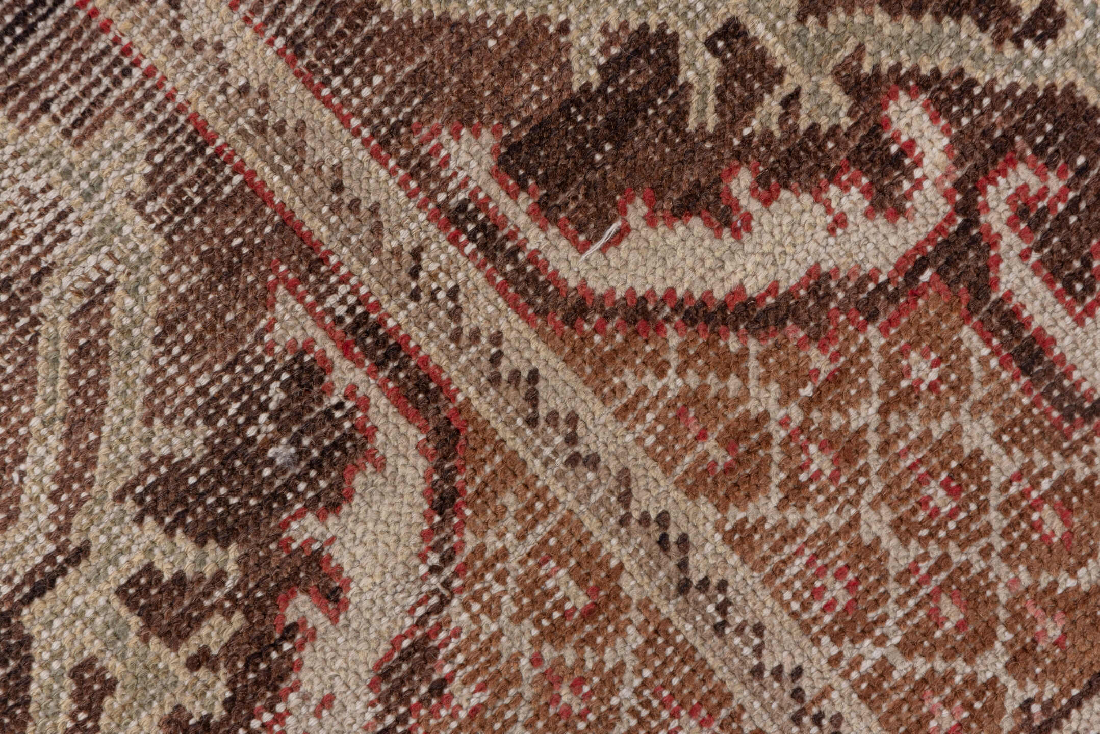4' x 7' one-of-a-kind handmade vintage Oushak rug. Color palette: brown, gray, light gray, pink, red, redwood