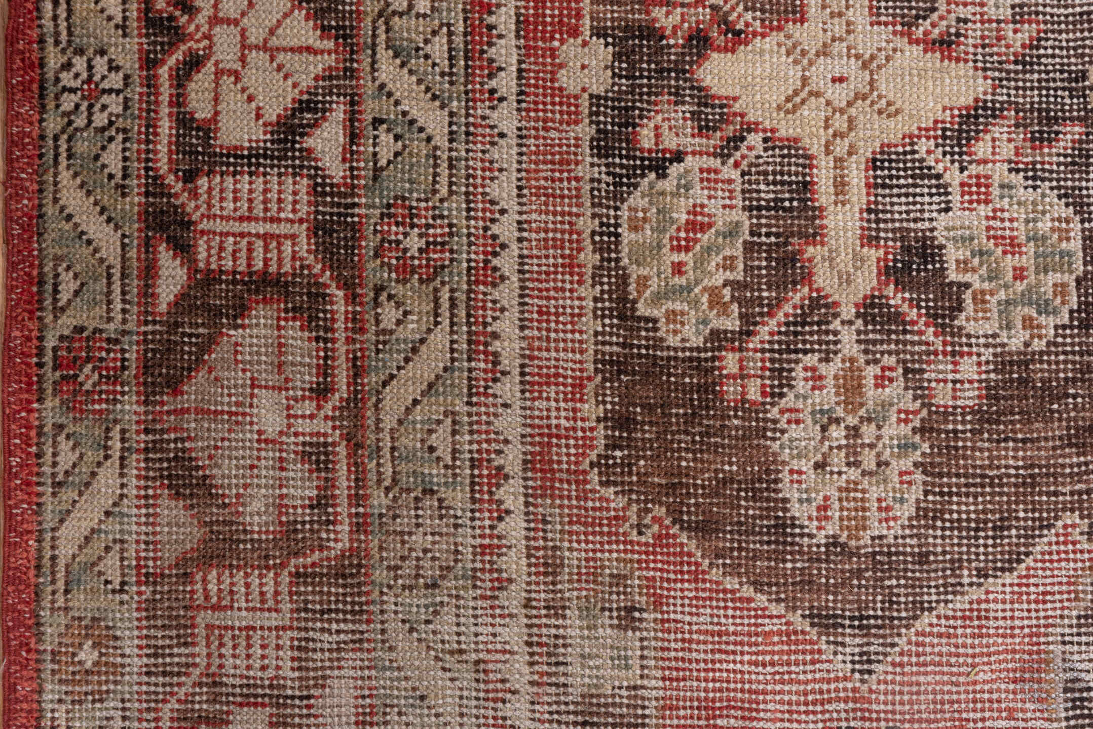 4' x 7' one-of-a-kind handmade vintage Oushak rug. Color palette: brown, gray, light gray, pink, red, redwood