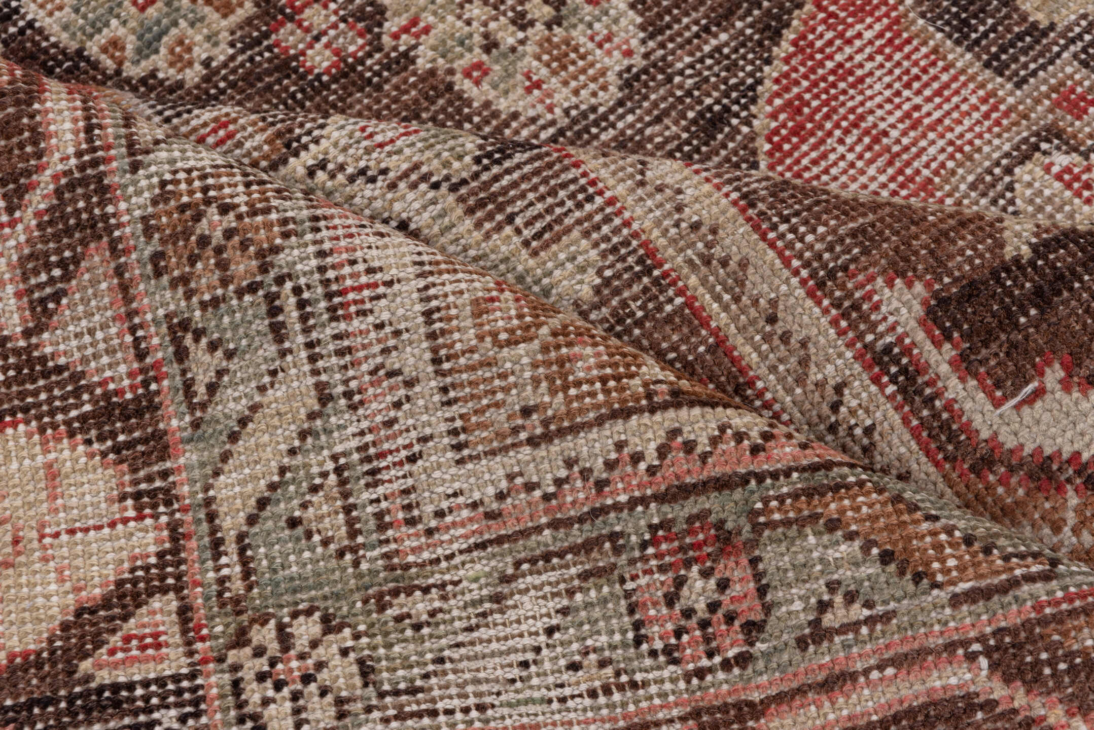 4' x 7' one-of-a-kind handmade vintage Oushak rug. Color palette: brown, gray, light gray, pink, red, redwood