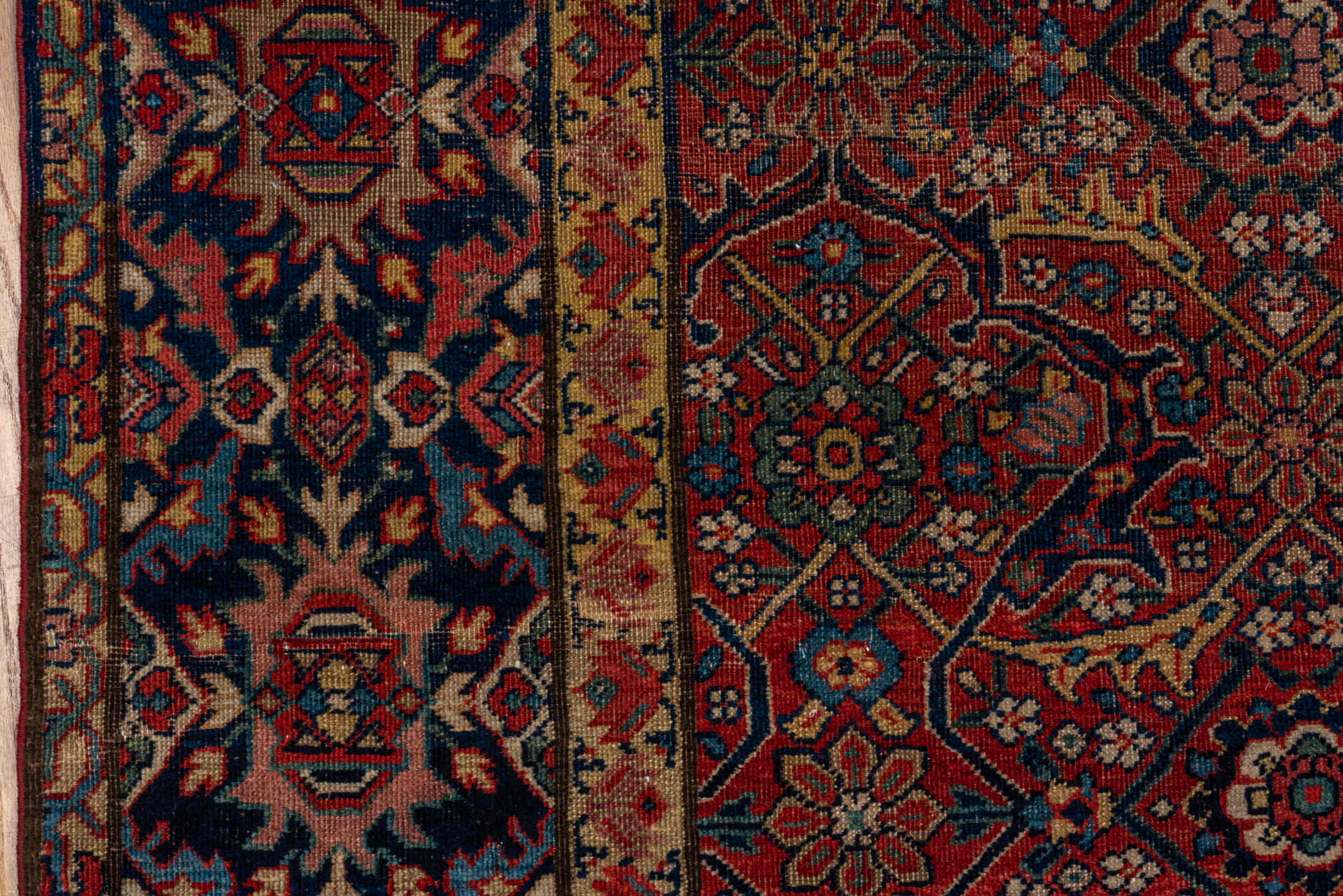 7' x 14' one-of-a-kind handmade antique Farahan large size rug. Color palette: rust, navy, ivory, crimson, camel, indigo