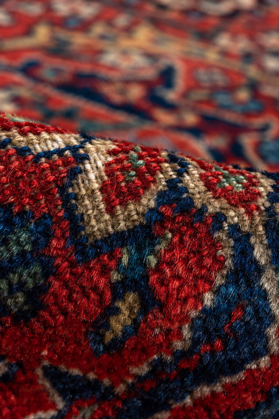 7' x 14' one-of-a-kind handmade antique Farahan large size rug. Color palette: rust, navy, ivory, crimson, camel, indigo