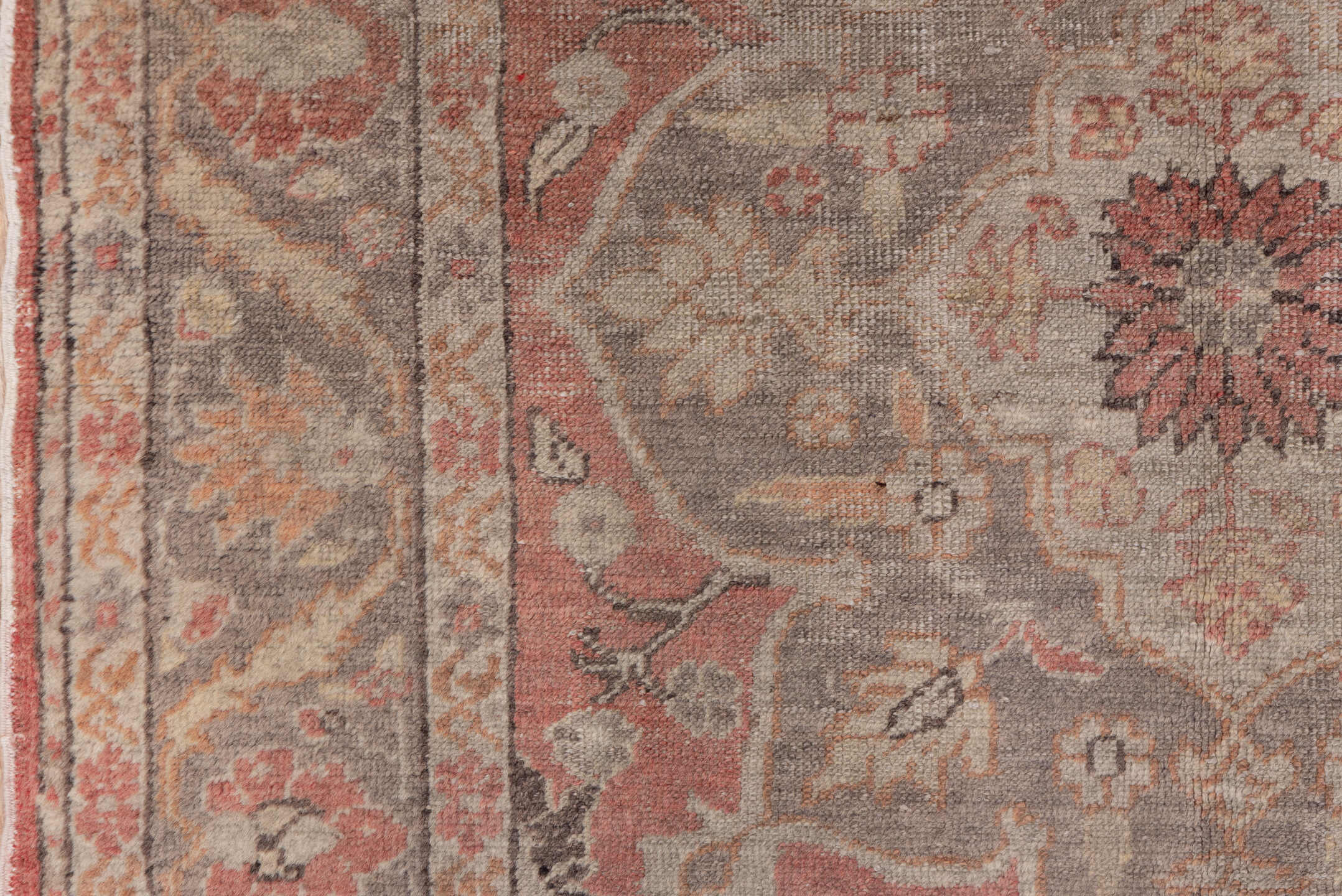 4' x 6' one-of-a-kind handmade vintage Oushak small size rug. Color palette: rose, taupe, ivory, gray, terra cotta, beige