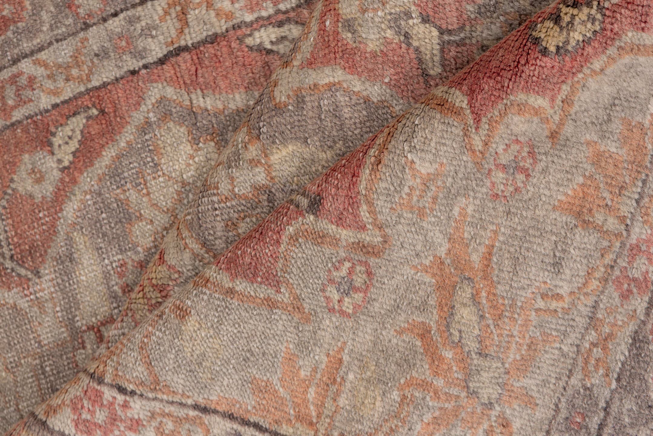 4' x 6' one-of-a-kind handmade vintage Oushak small size rug. Color palette: rose, taupe, ivory, gray, terra cotta, beige