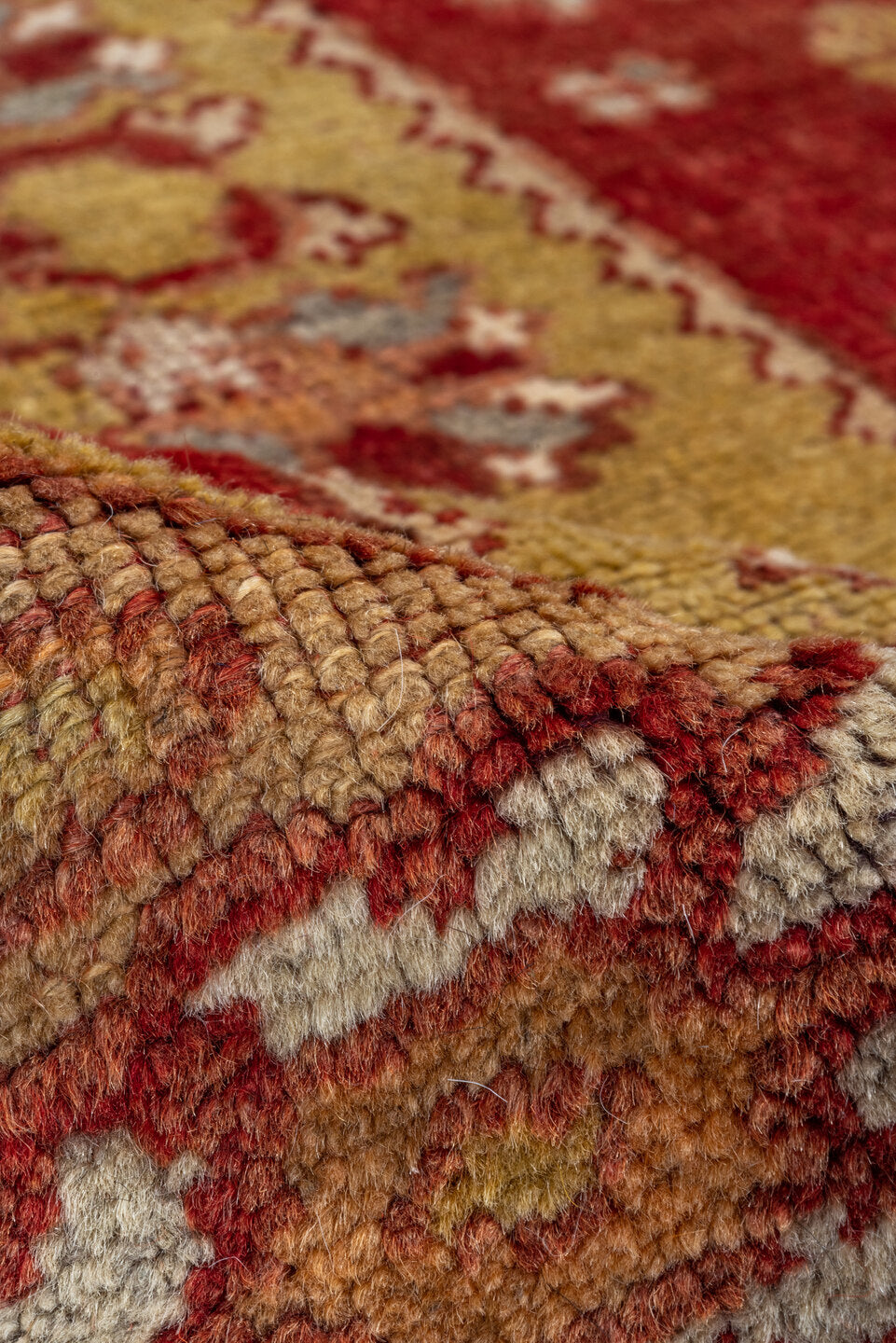 3' x 5' one-of-a-kind handmade vintage Oushak small size rug. Color palette: red, ivory, rust, gold, camel, burgundy, taupe