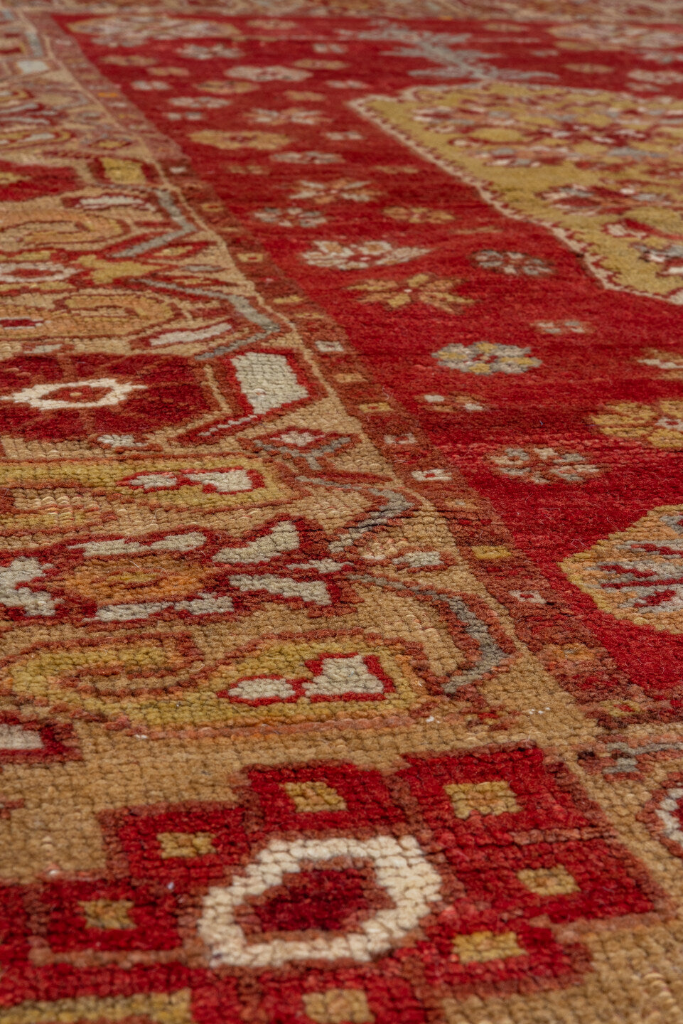 3' x 5' one-of-a-kind handmade vintage Oushak small size rug. Color palette: red, ivory, rust, gold, camel, burgundy, taupe