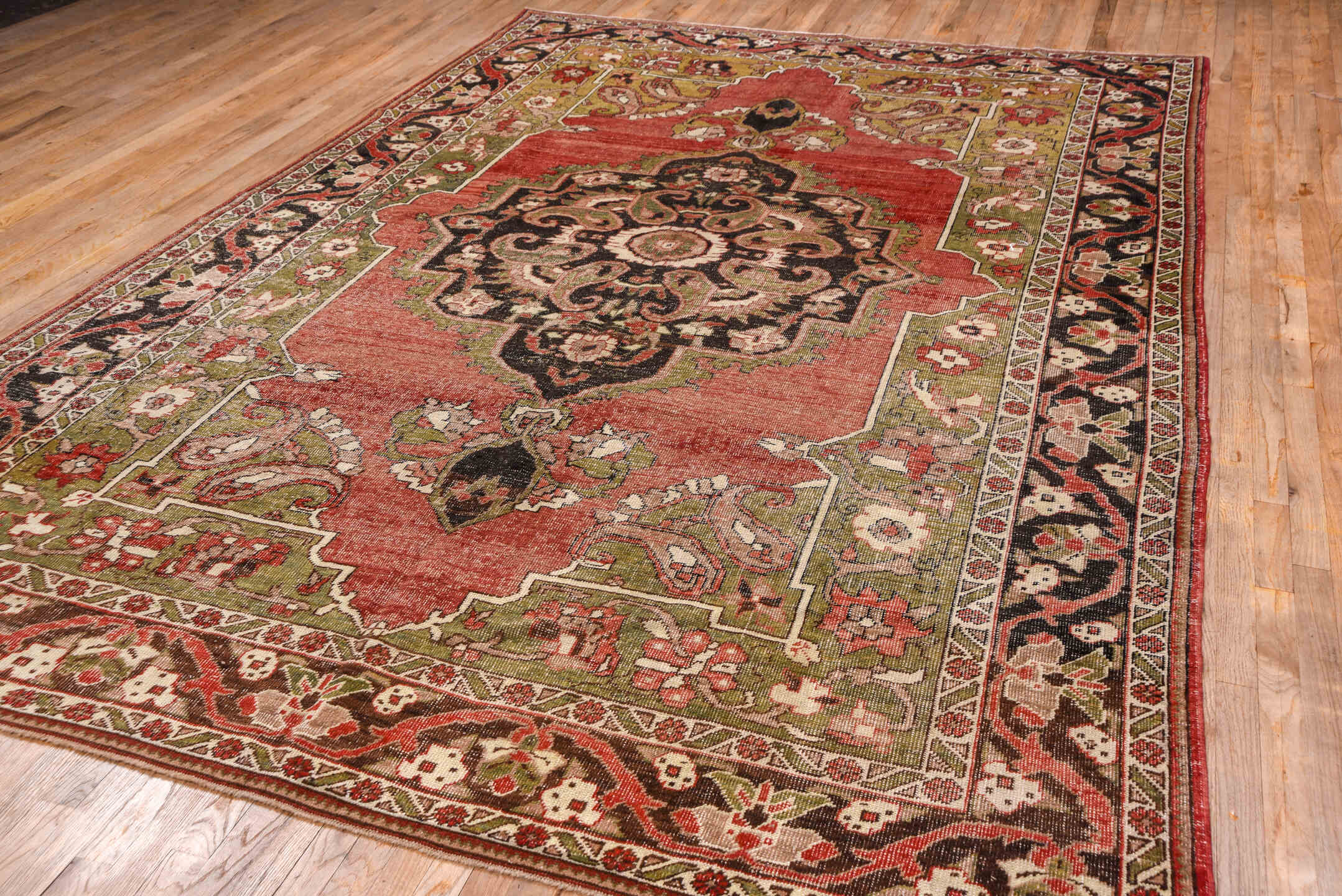 8' x 12' one-of-a-kind handmade vintage Oushak large size rug. Color palette: coral, olive, ivory, charcoal, rose, taupe