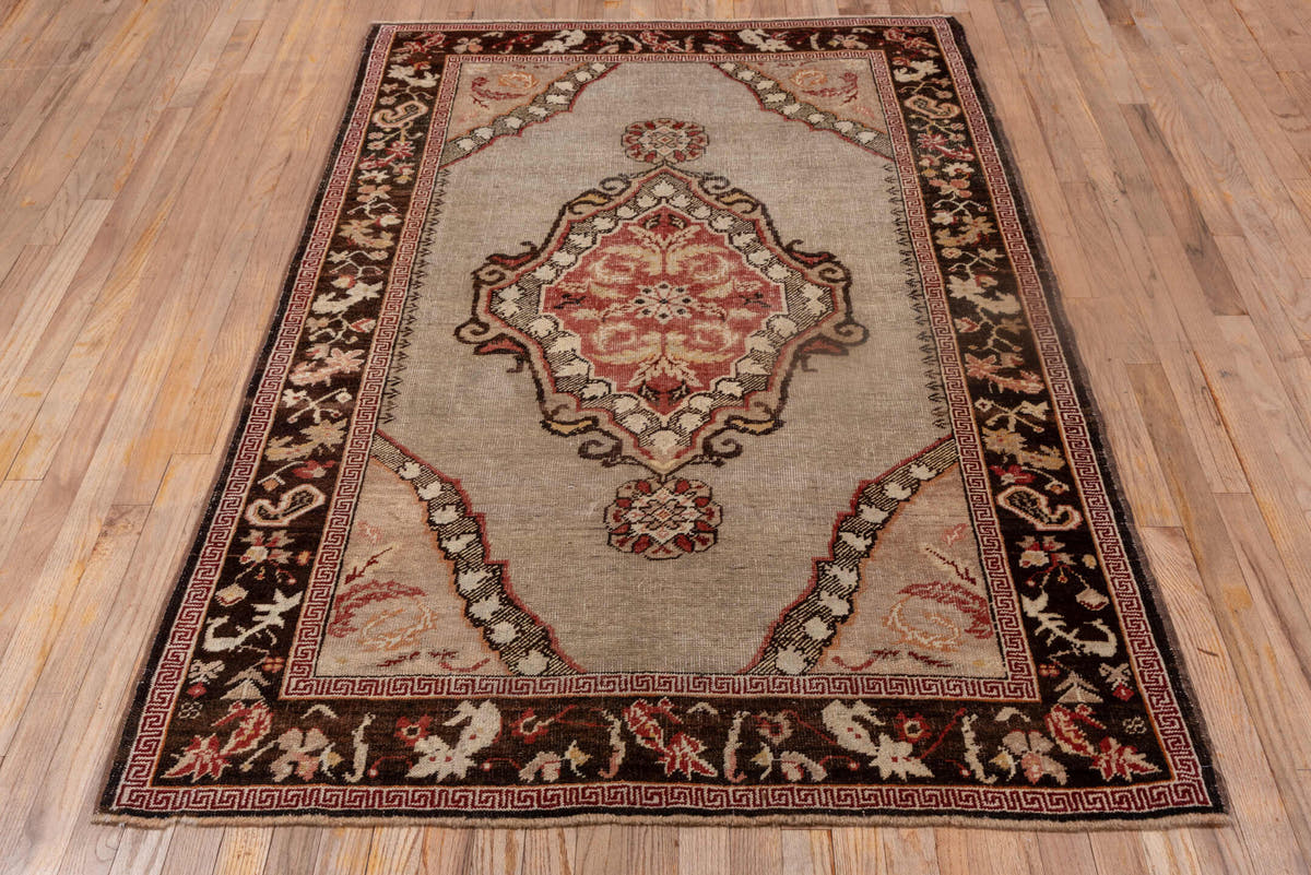 4' x 6' one-of-a-kind handmade vintage Oushak small size rug. Color palette: ivory, brown, coral, blush, rust, taupe, cream