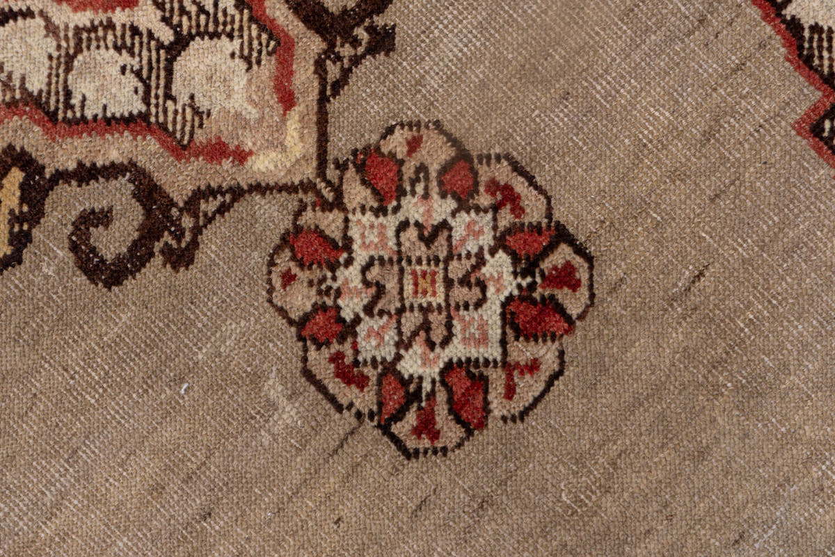 4' x 6' one-of-a-kind handmade vintage Oushak small size rug. Color palette: ivory, brown, coral, blush, rust, taupe, cream