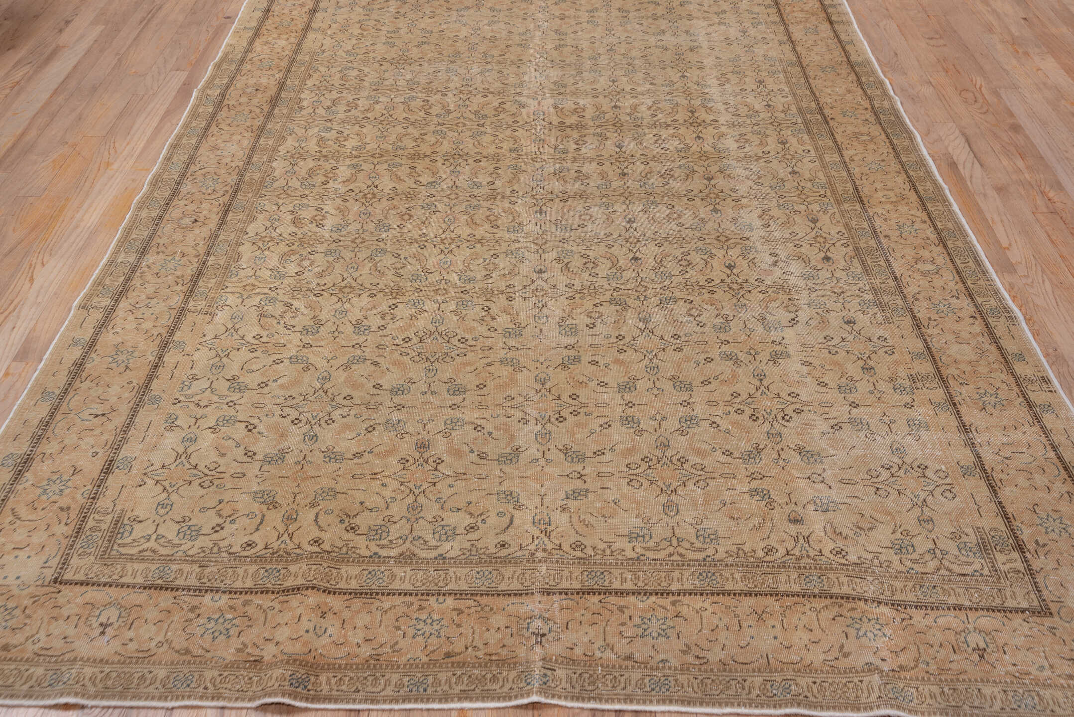 6' x 9' one-of-a-kind handmade vintage Kaisary medium size rug. Color palette: brown, gray, off-white, orange, tan