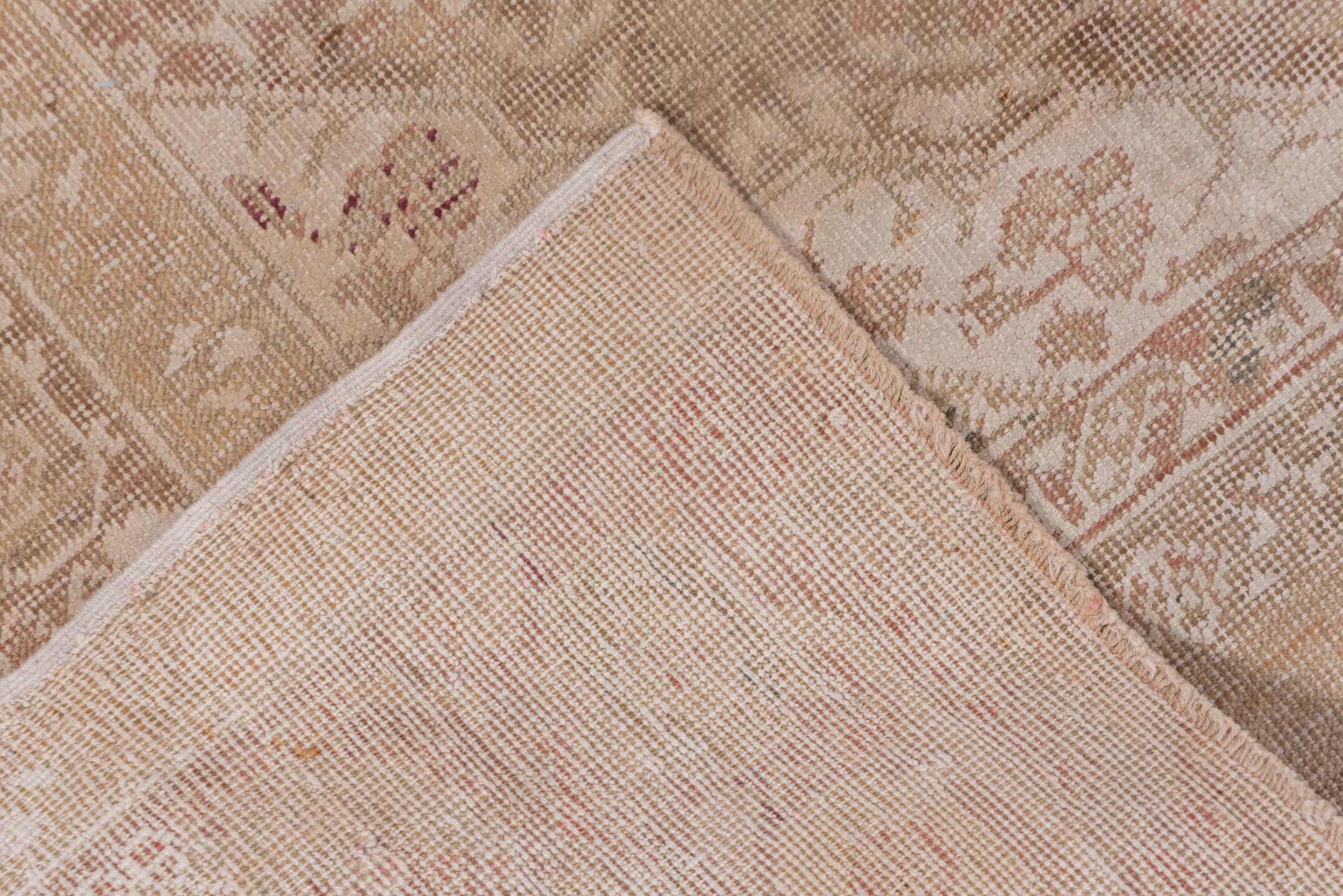 4' x 5' one-of-a-kind handmade vintage Kaisary small size rug. Color palette: camel, taupe, rose, ivory, sage, terra cotta