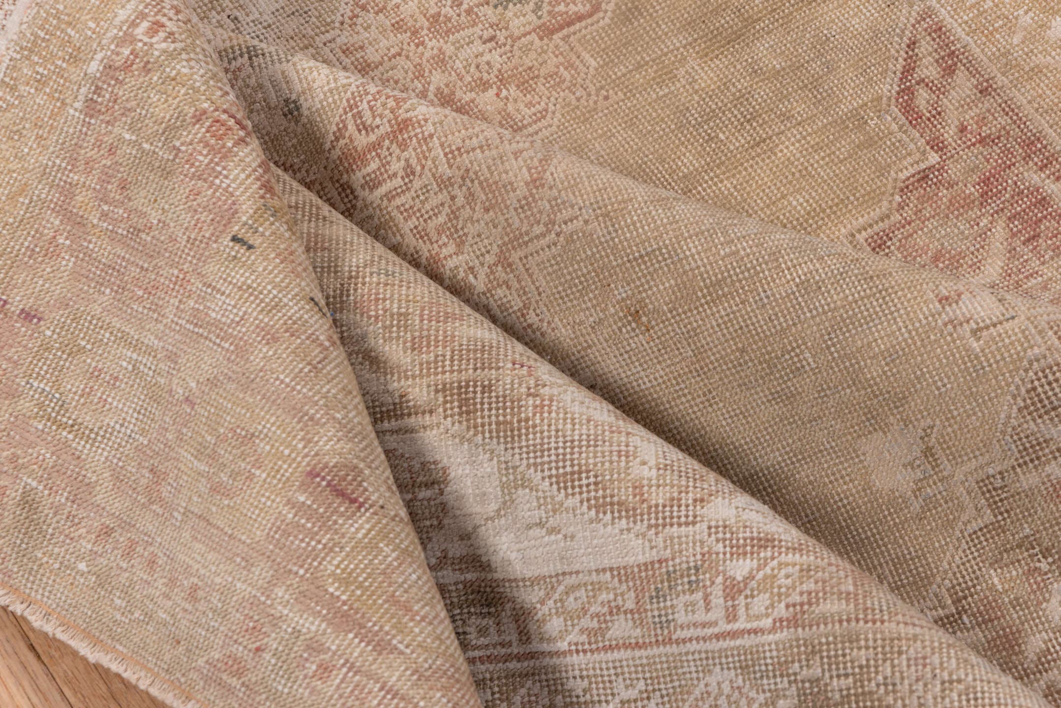 4' x 5' one-of-a-kind handmade vintage Kaisary small size rug. Color palette: camel, taupe, rose, ivory, sage, terra cotta