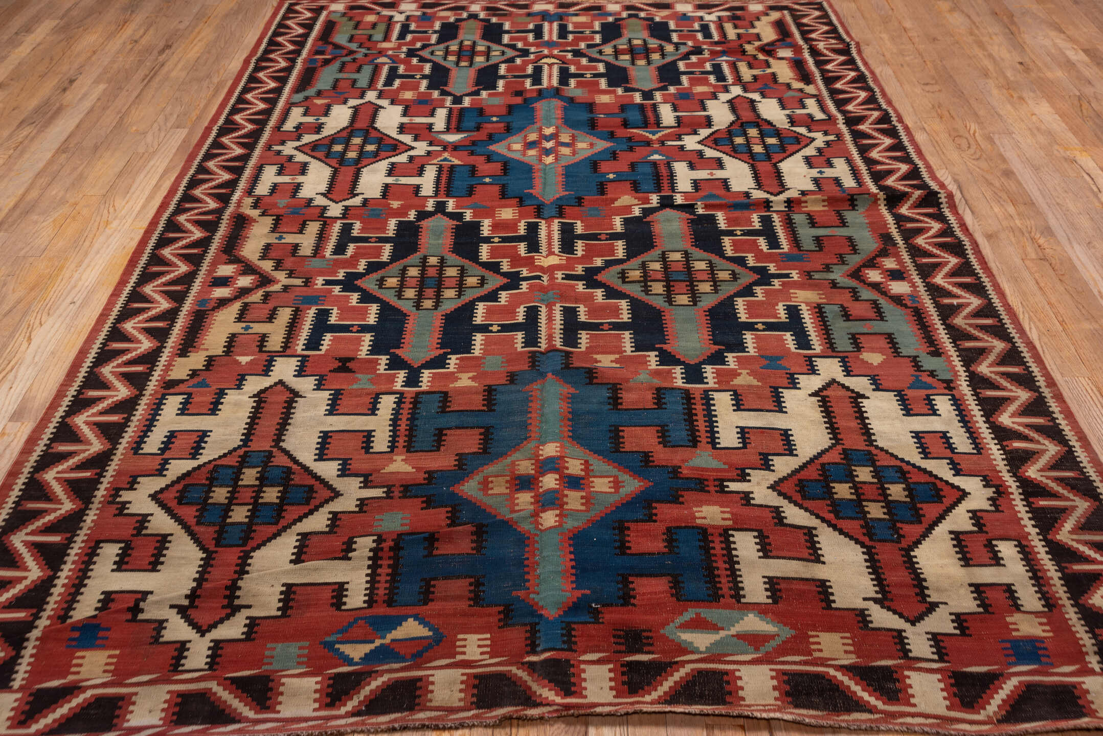 6' x 10' one-of-a-kind handmade vintage Kilim large size rug. Color palette: blue, brown, gray, pink, red