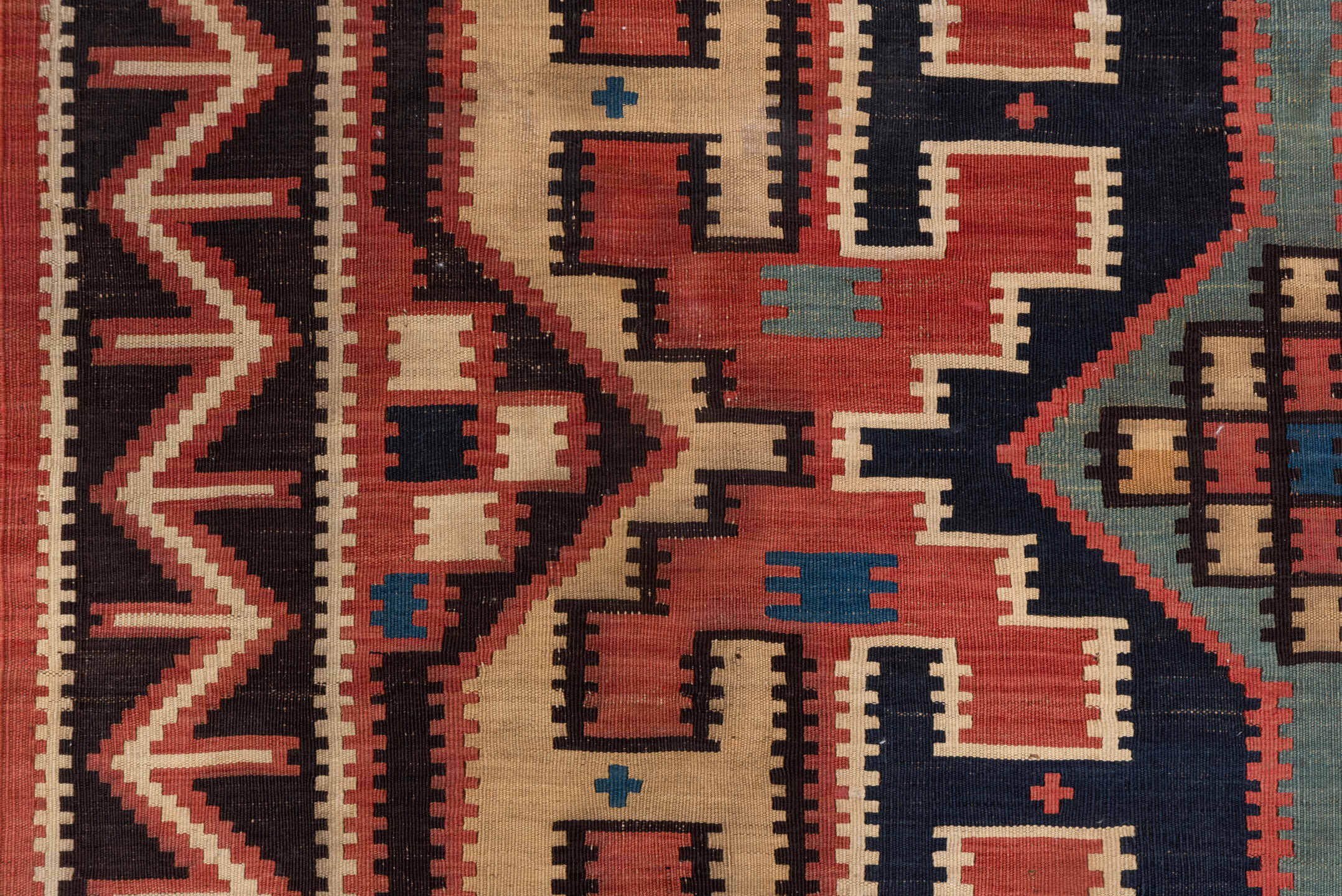 6' x 10' one-of-a-kind handmade vintage Kilim large size rug. Color palette: blue, brown, gray, pink, red