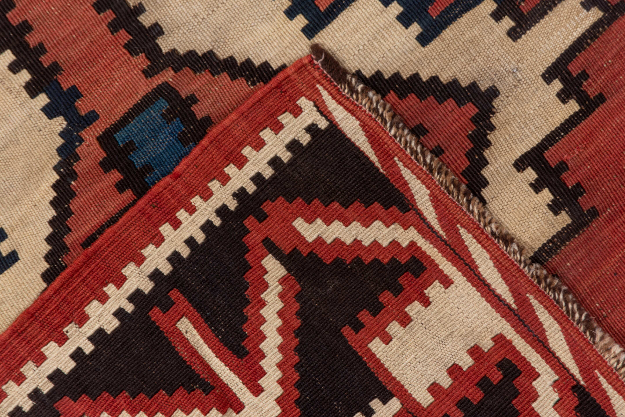 6' x 10' one-of-a-kind handmade vintage Kilim large size rug. Color palette: blue, brown, gray, pink, red