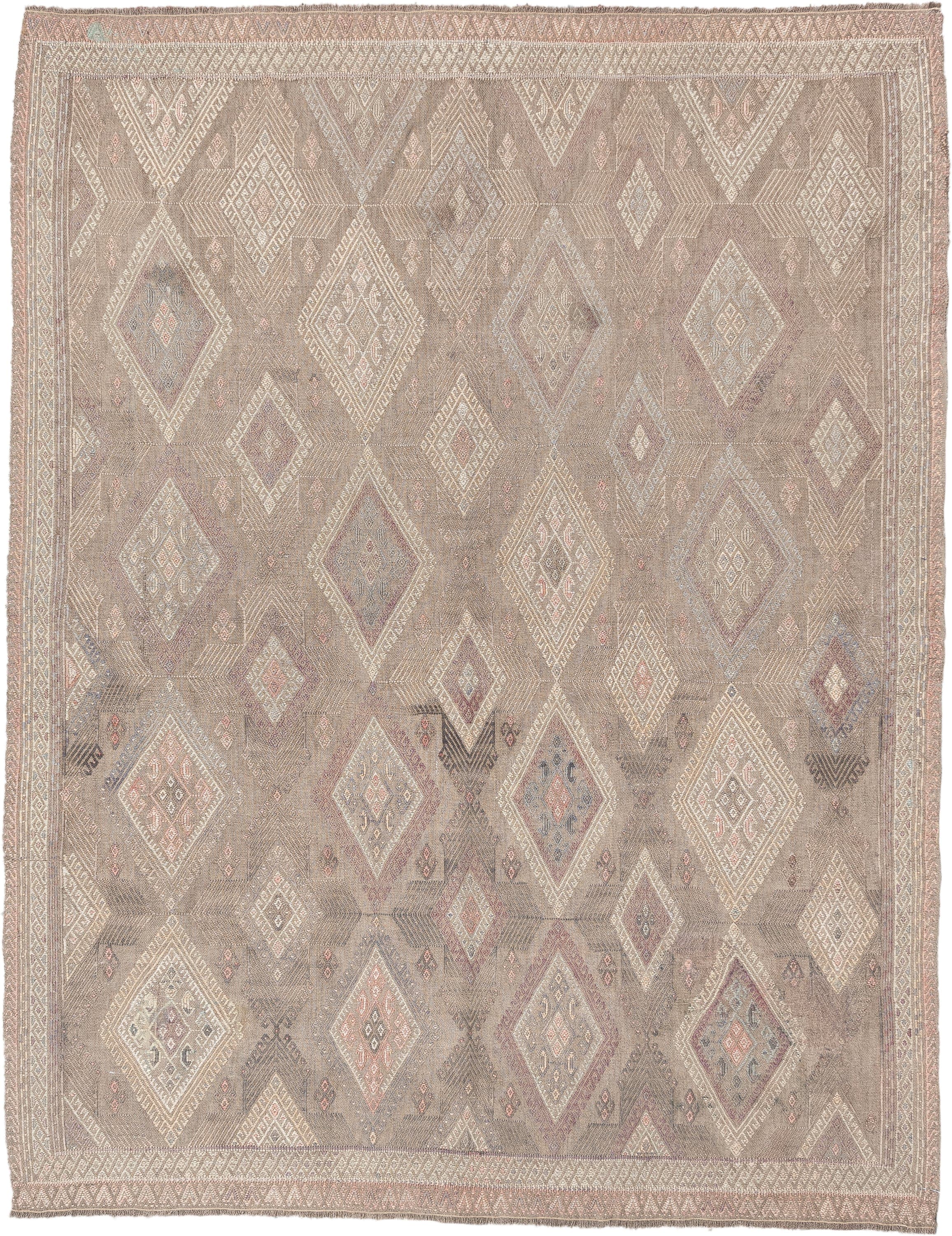 4' x 5' one-of-a-kind handmade vintage Jijim rug. Color palette: taupe, ivory, blush, slate, dusty rose, beige, charcoal