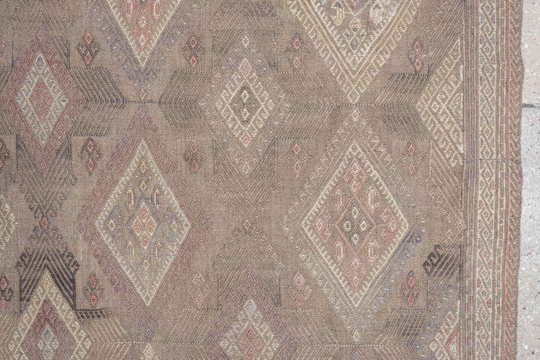 4' x 5' one-of-a-kind handmade vintage Jijim rug. Color palette: taupe, ivory, blush, slate, dusty rose, beige, charcoal