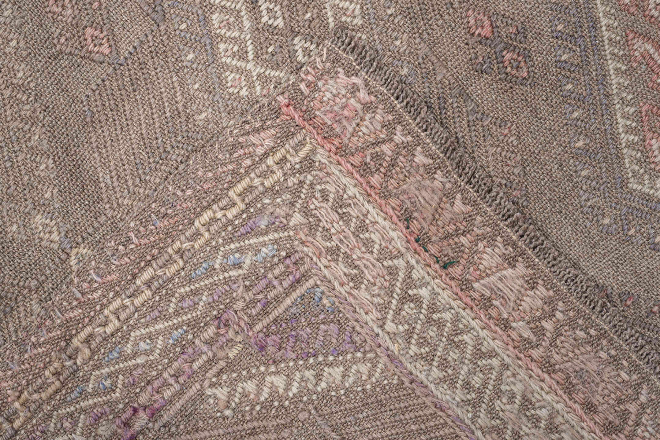4' x 5' one-of-a-kind handmade vintage Jijim rug. Color palette: taupe, ivory, blush, slate, dusty rose, beige, charcoal