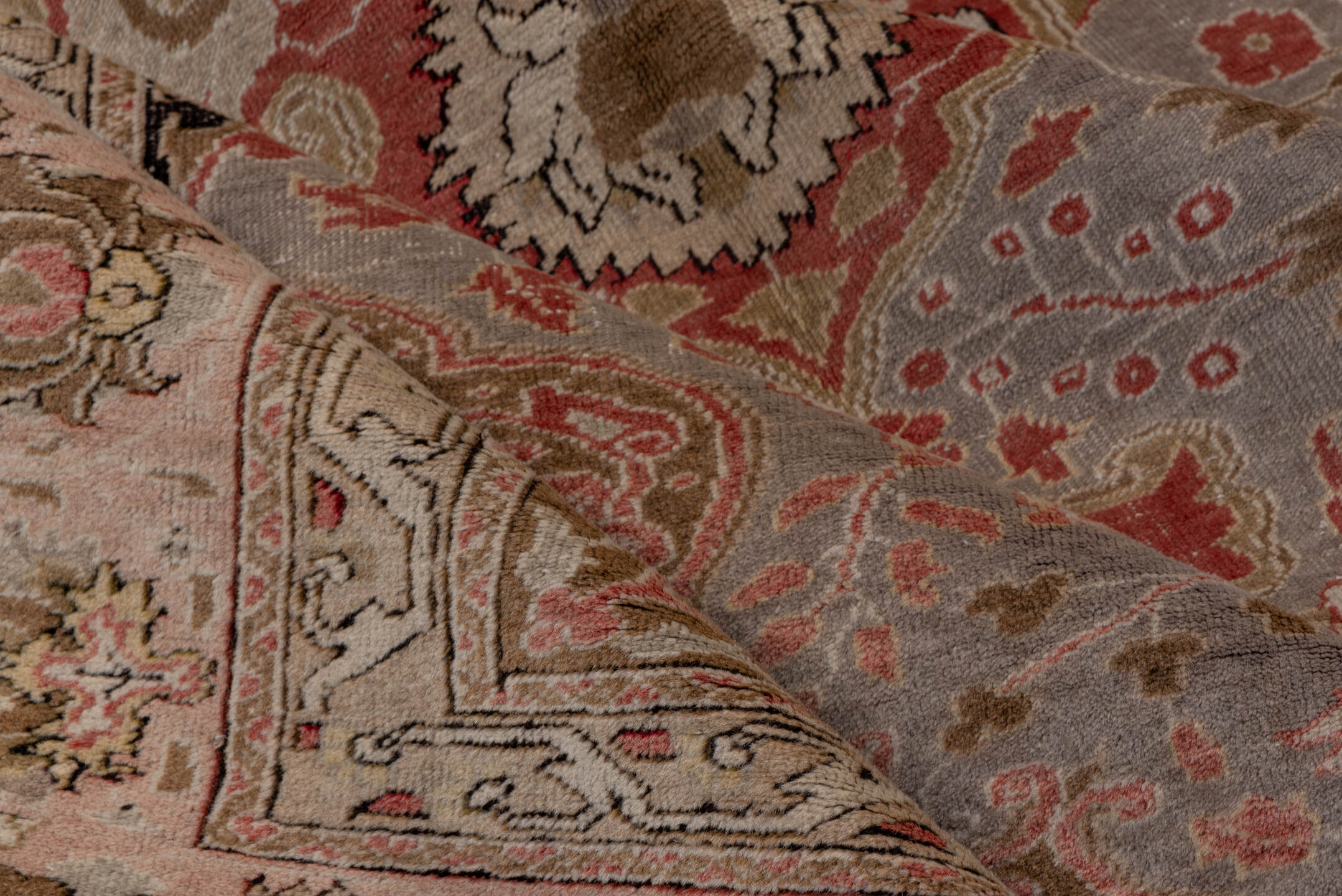 6' x 9' one-of-a-kind handmade vintage Oushak medium size rug. Color palette: taupe, blush, ivory, coral, beige, sage, brown