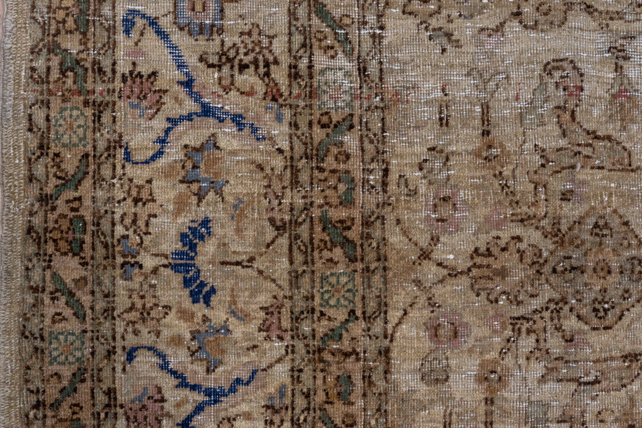 7' x 9' one-of-a-kind handmade vintage Sivas rug. Color palette: blue, brown, gray, light gray