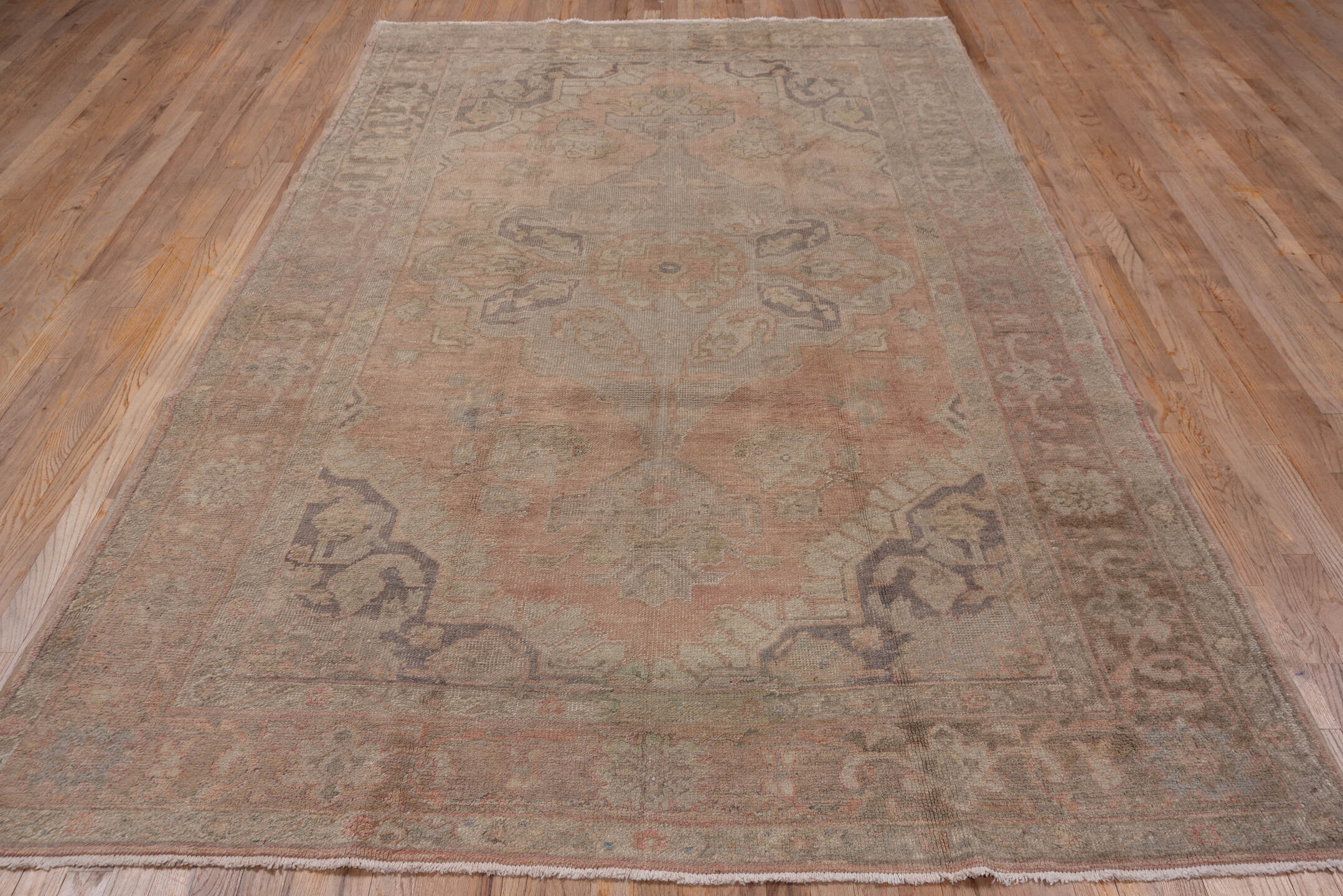 6' x 10' one-of-a-kind handmade vintage Oushak large size rug. Color palette: brown, gray, light gray, off-white, pink, snow