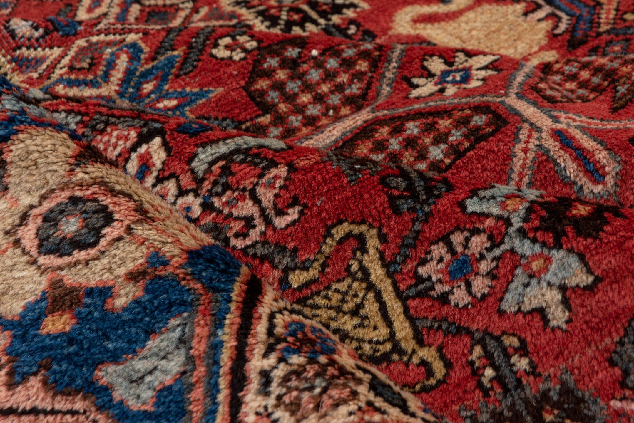11' x 19' one-of-a-kind handmade vintage Mahal oversize rug. Color palette: red, navy, ivory, slate, rose, camel, charcoal