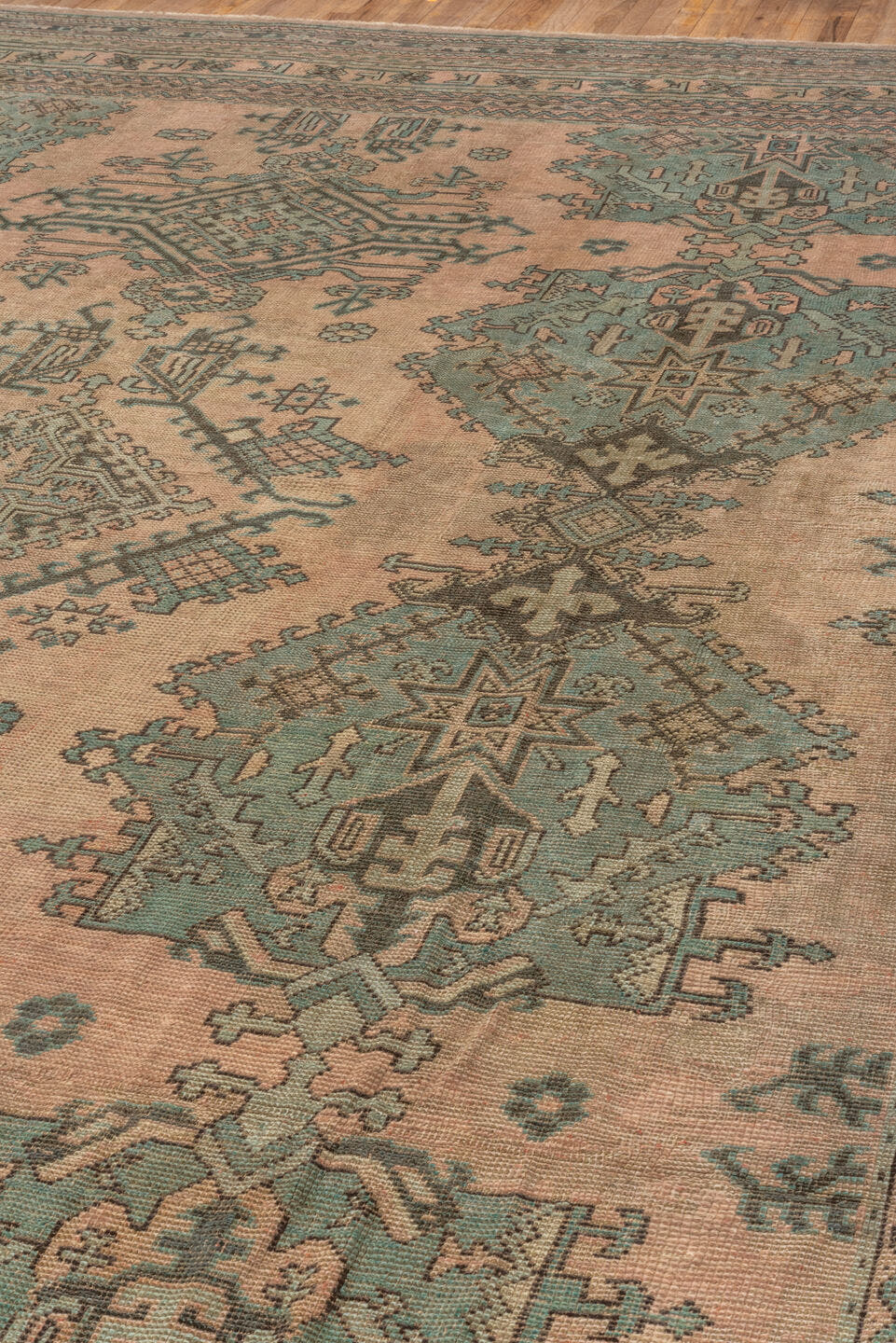 13' x 23' one-of-a-kind handmade vintage Oushak oversize rug. Color palette: taupe, dusty rose, teal, charcoal, brown, sage