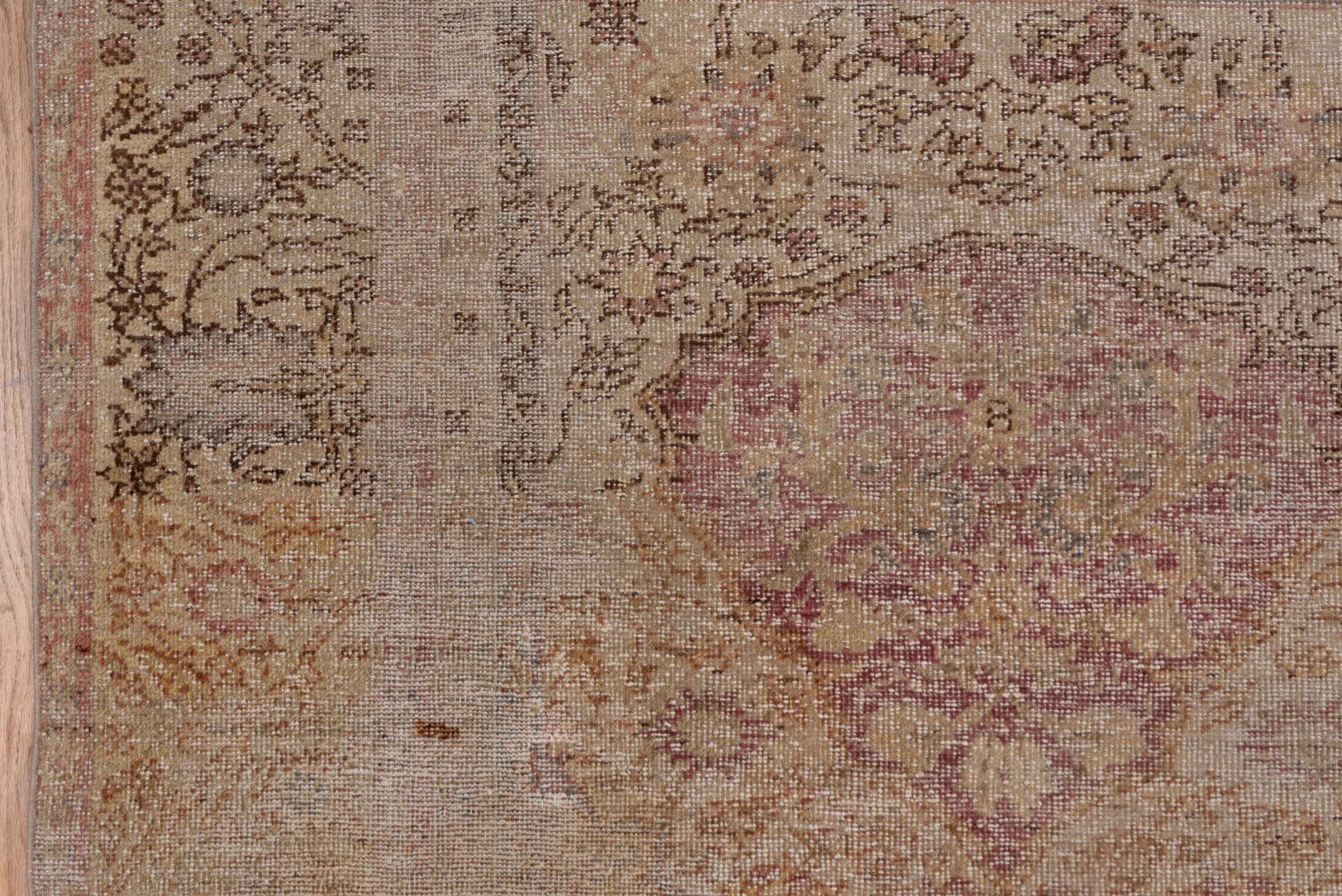 5' x 8' one-of-a-kind handmade vintage Sivas medium size rug. Color palette: tan, taupe, rose, gold, beige, dusty pink