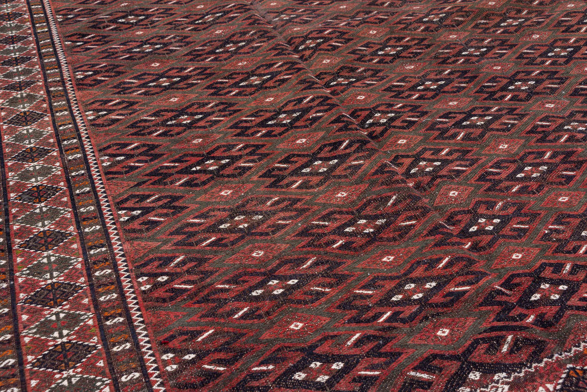 6' x 11' one-of-a-kind handmade vintage Kilim large size rug. Color palette: burgundy, brown, charcoal, ivory, rust, taupe