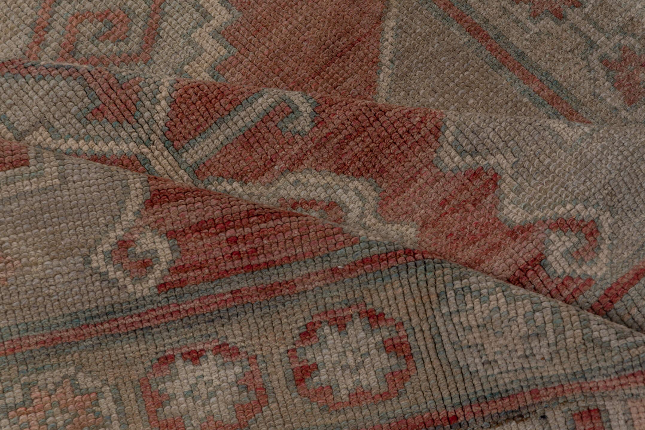 4' x 11' one-of-a-kind handmade vintage Oushak runner rug. Color palette: terra cotta, taupe, sage, ivory, rose, charcoal