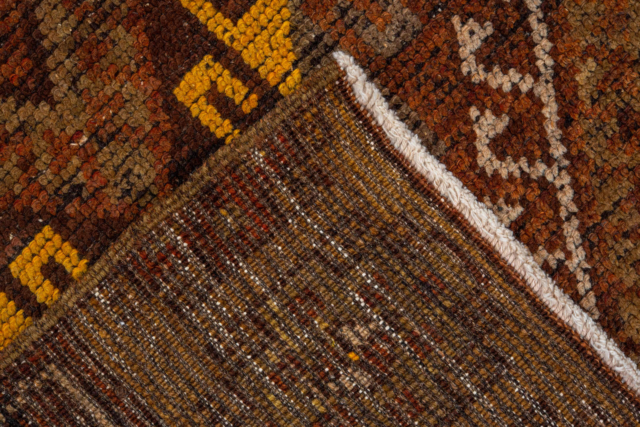 2' x 8' one-of-a-kind handmade vintage Oushak runner rug. Color palette: brown, off-white, pink, saddle brown, snow, white