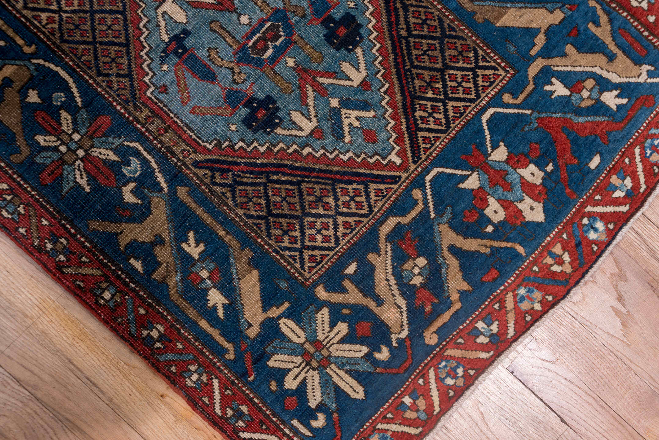 2' x 13' one-of-a-kind handmade antique Sarab runner rug. Color palette: navy, rust, camel, ivory, sky_blue, crimson
