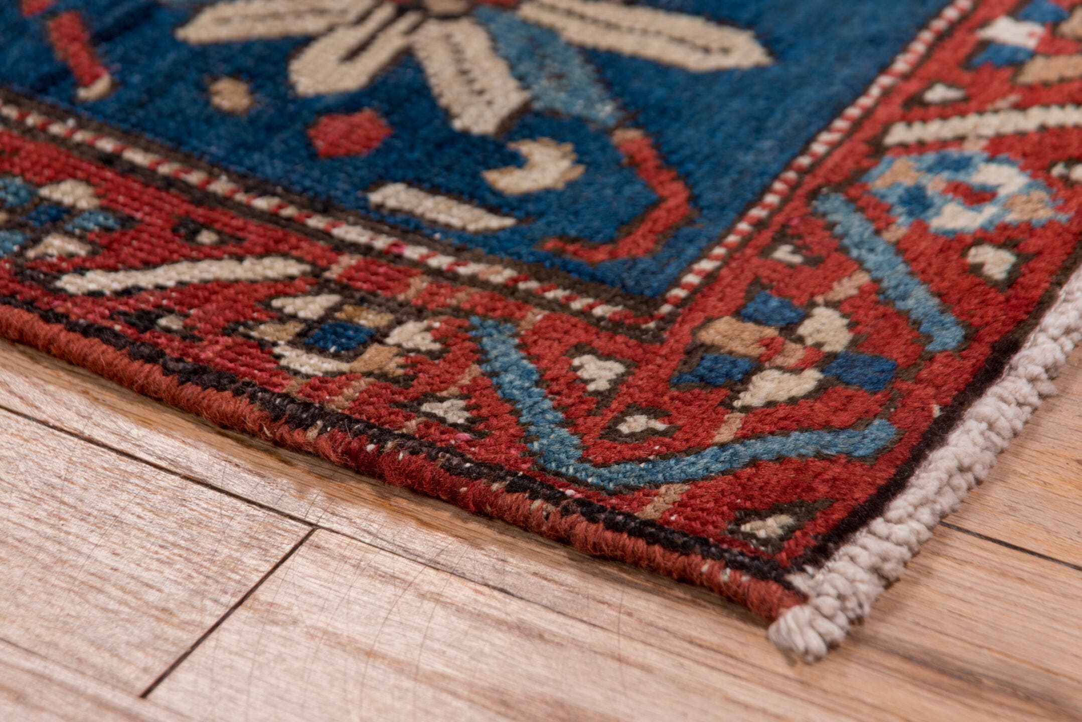 2' x 13' one-of-a-kind handmade antique Sarab runner rug. Color palette: navy, rust, camel, ivory, sky_blue, crimson