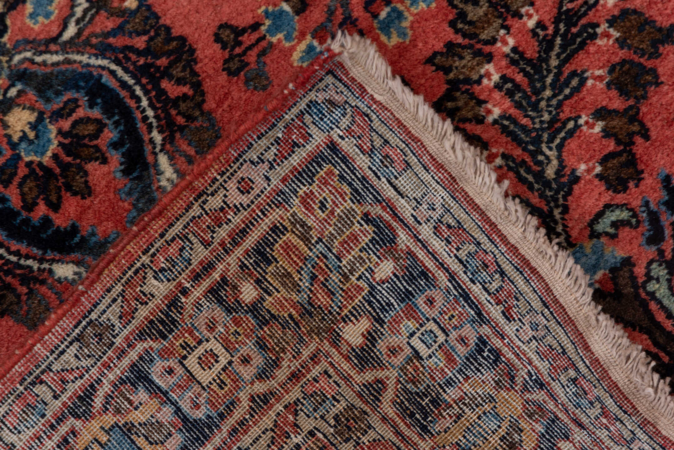3' x 5' one-of-a-kind handmade antique Sarouk small size rug. Color palette: coral, navy, ivory, sky blue, burgundy, rose