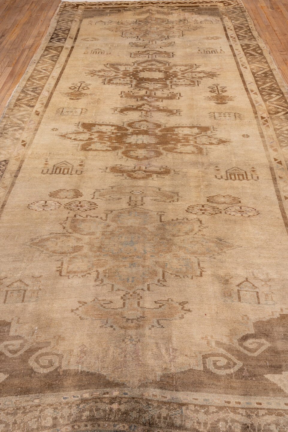 6' x 14' one-of-a-kind handmade vintage Oushak large size rug. Color palette: ivory, taupe, camel, brown, beige, gray