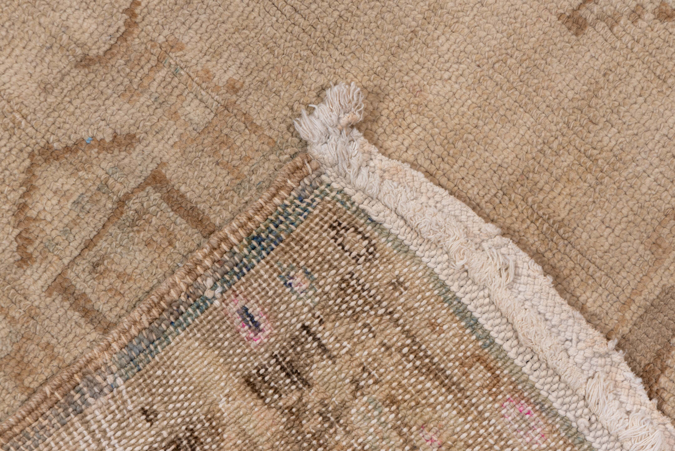 6' x 14' one-of-a-kind handmade vintage Oushak large size rug. Color palette: ivory, taupe, camel, brown, beige, gray