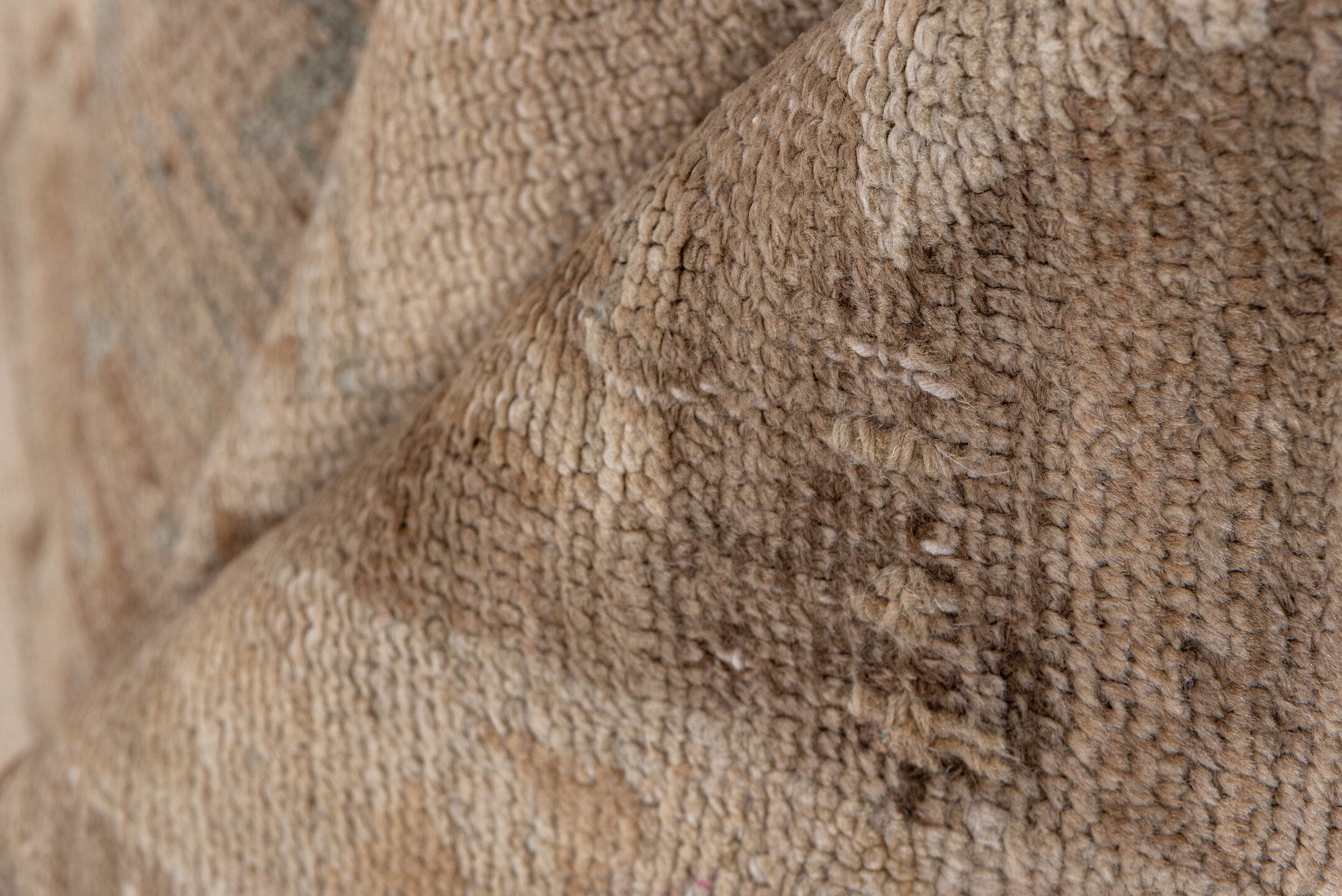 6' x 14' one-of-a-kind handmade vintage Oushak large size rug. Color palette: ivory, taupe, camel, brown, beige, gray