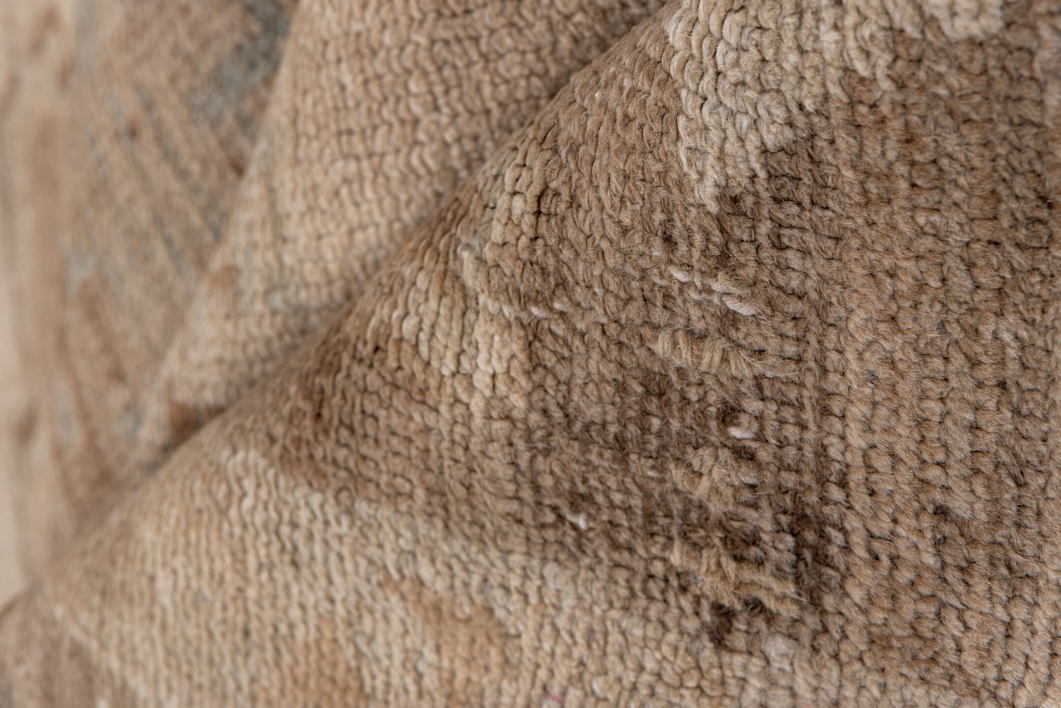 6' x 14' one-of-a-kind handmade vintage Oushak large size rug. Color palette: ivory, taupe, camel, brown, beige, gray