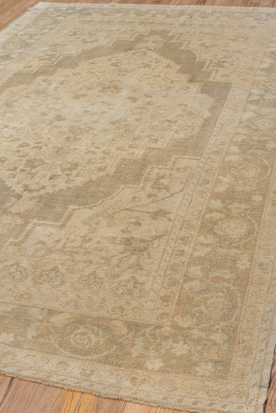 6' x 10' one-of-a-kind handmade vintage Oushak large size rug. Color palette: ivory, beige, taupe, sand, greige, gray